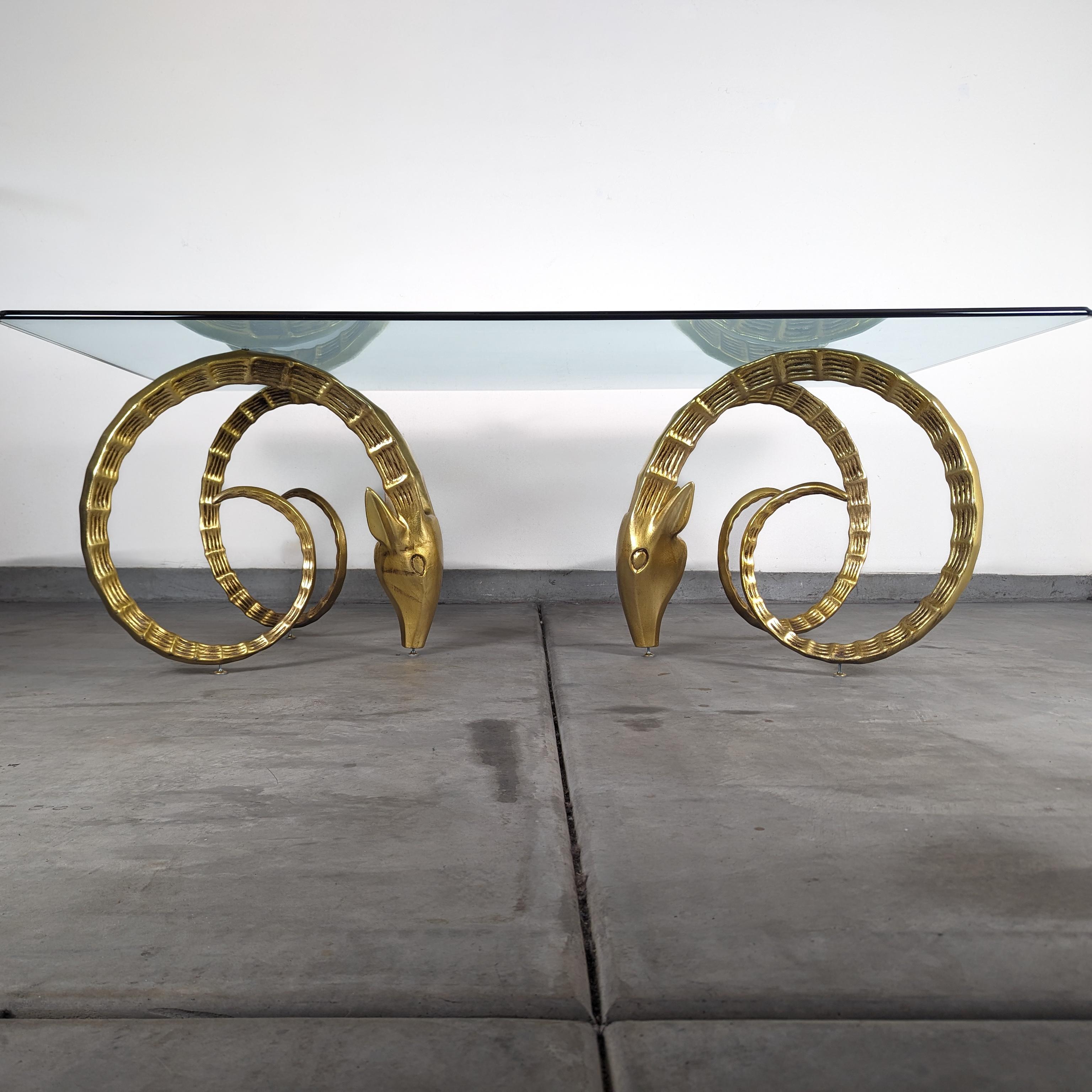 Brass Ibex Rams Head Dining Table in the Style of Alain Chervet, c1970s In Good Condition In Chino Hills, CA