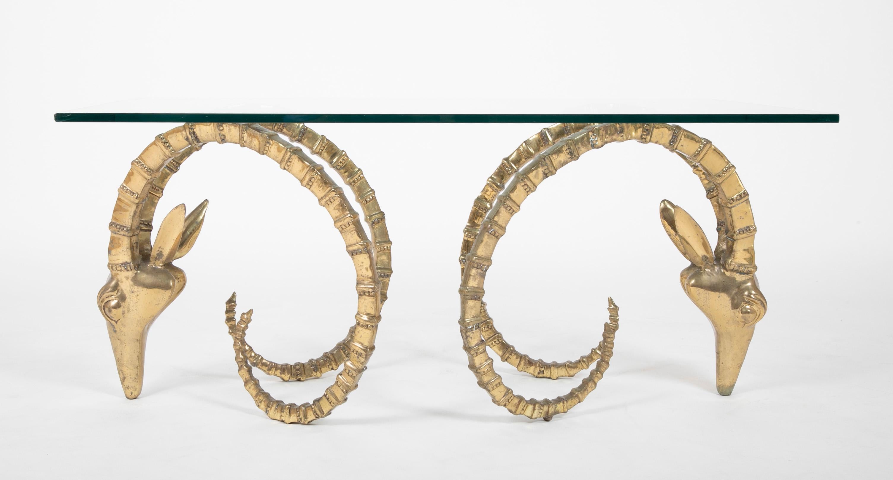Mid-Century Modern Brass Ibex Rams Head Glass Topped Coffee Table by Alain Chervet