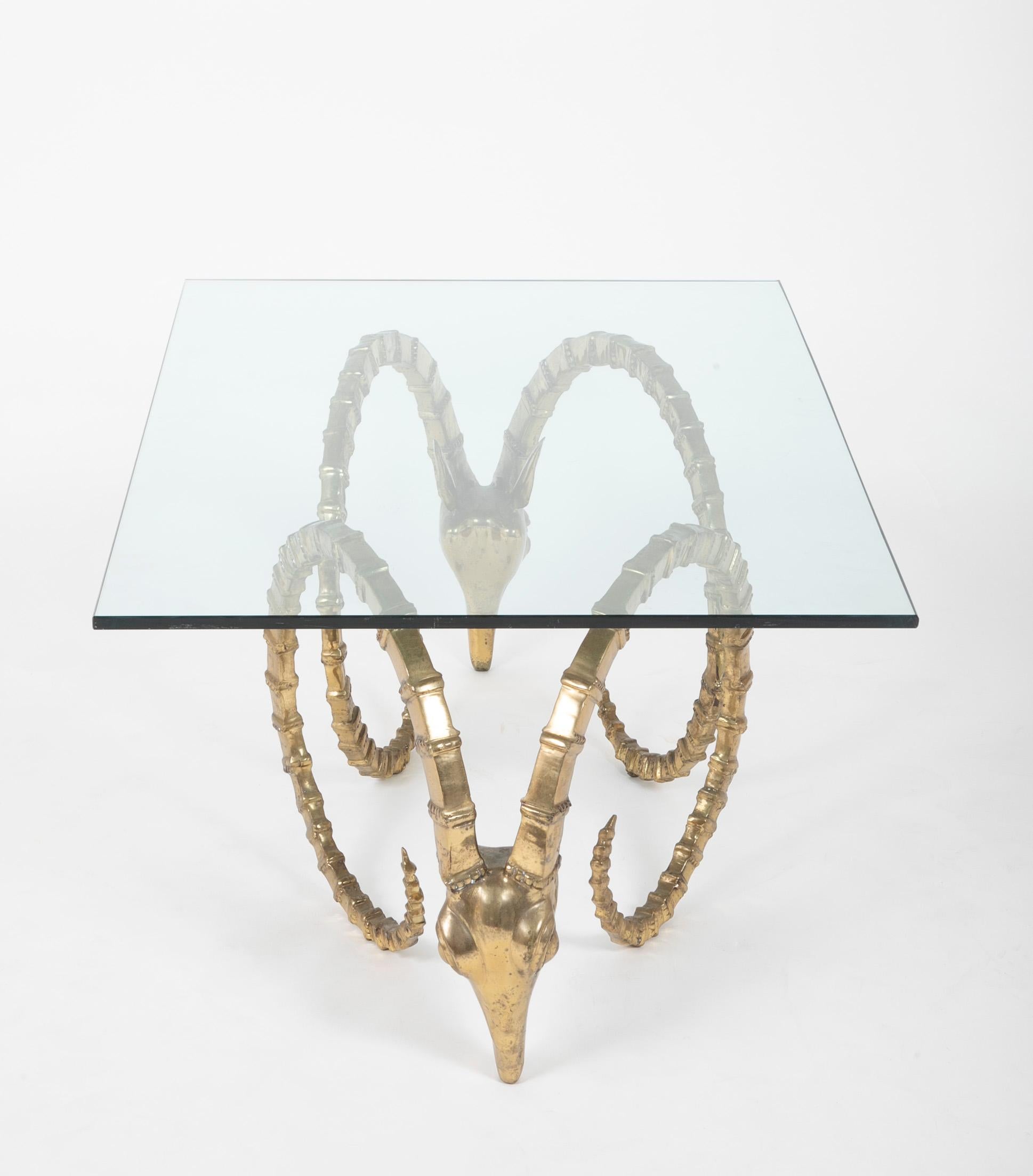 French Brass Ibex Rams Head Glass Topped Coffee Table by Alain Chervet