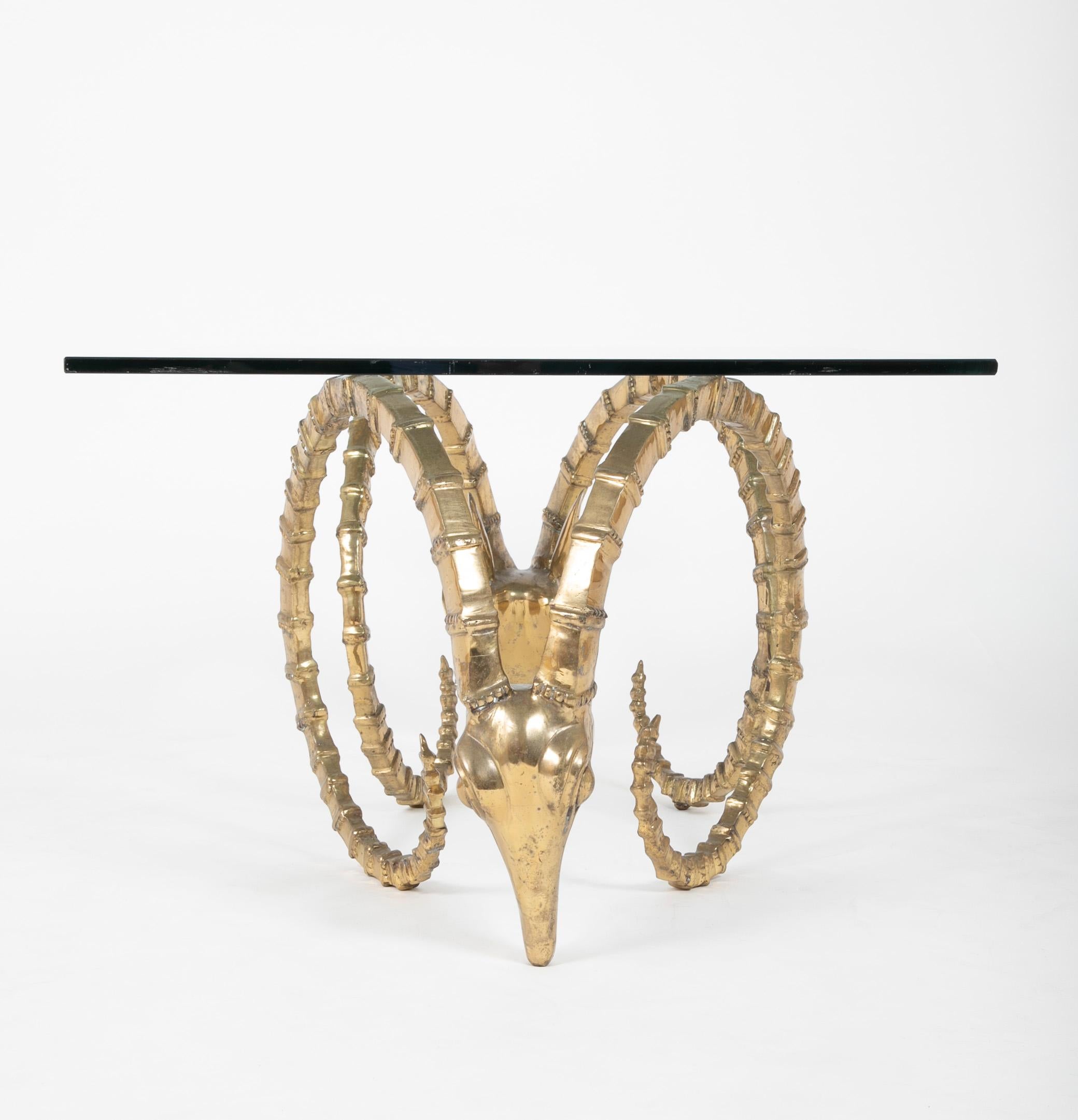 Cast Brass Ibex Rams Head Glass Topped Coffee Table by Alain Chervet