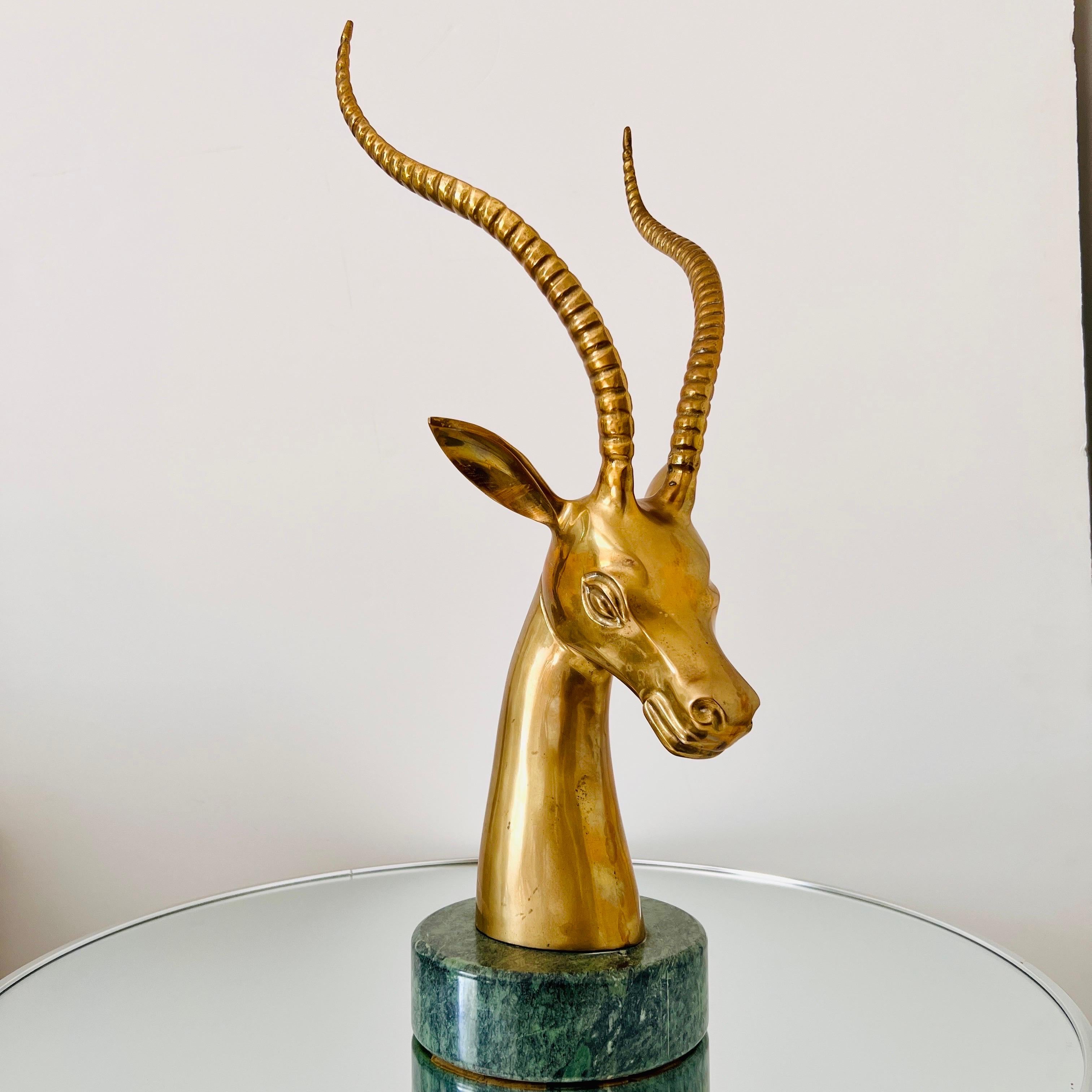 Hollywood Regency Brass Ibex Sculpture with Exotic Verde Guatemala Marble Base, circa 1970s For Sale