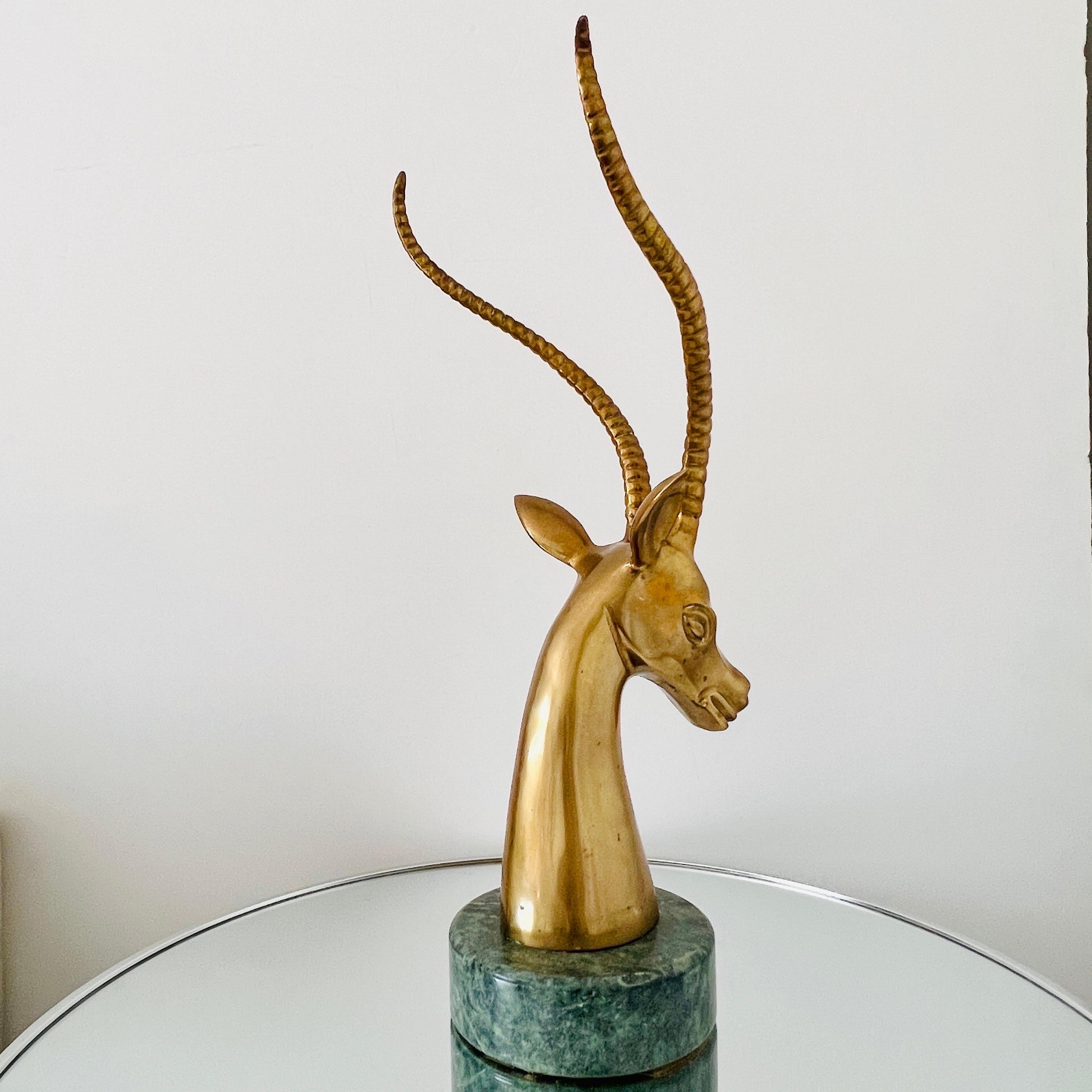 Late 20th Century Brass Ibex Sculpture with Exotic Verde Guatemala Marble Base, circa 1970s For Sale