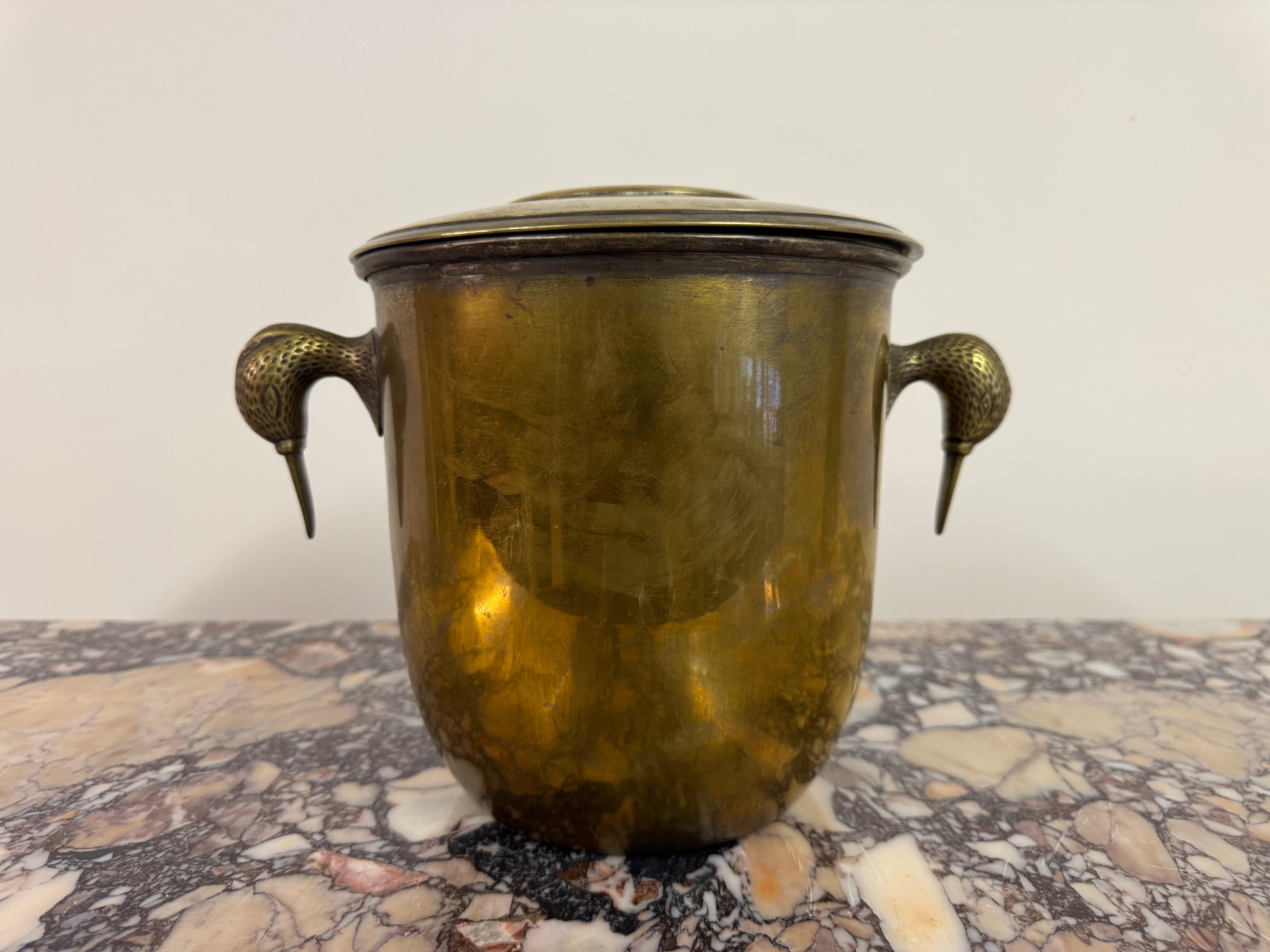 Mid-Century Modern Brass Ice Bucket with Bird-Form Handles, Italy, 1960s For Sale