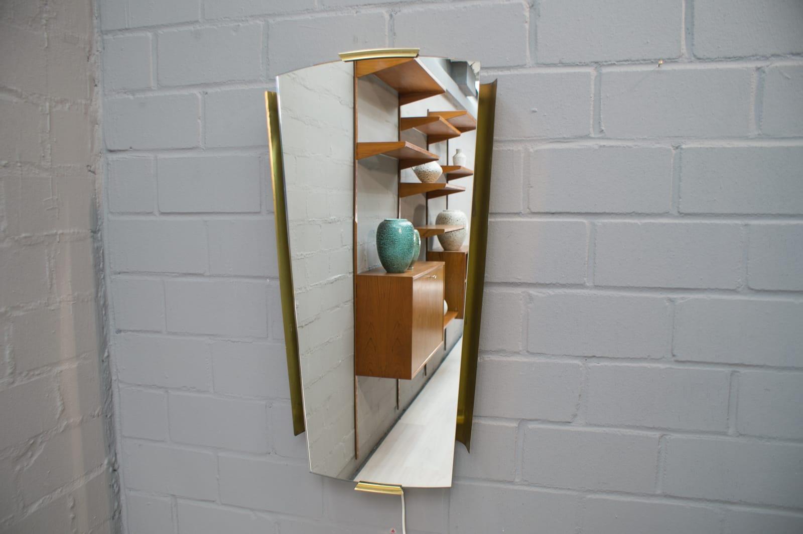Glass Brass Illuminated Wall Mirror by Ernest Igl for Hillebrand, Germany 1950s For Sale