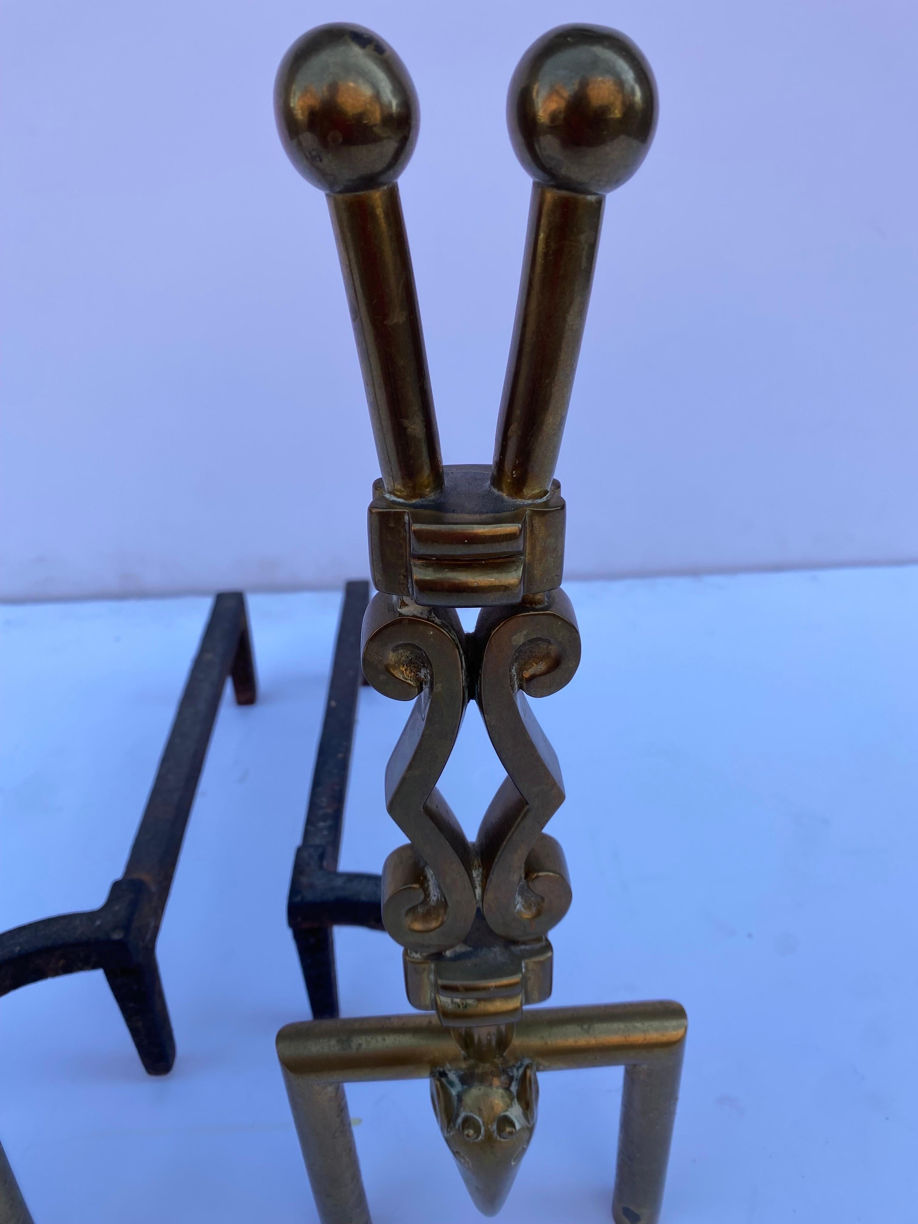 Mid-Century Modern Brass India Andirons For Sale