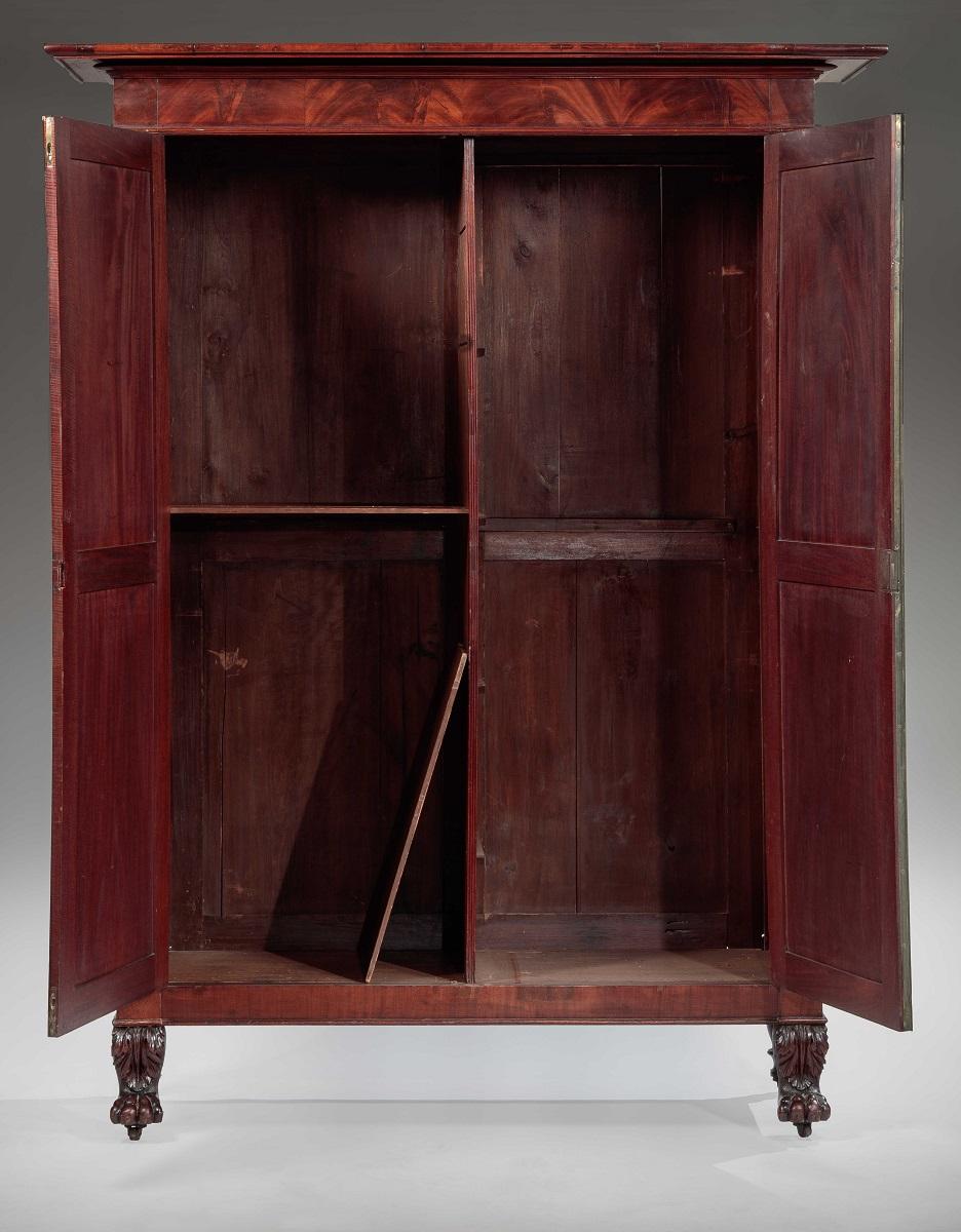 Empire Brass-Inlaid Carved Mahogany Armoire or Wardrobe For Sale