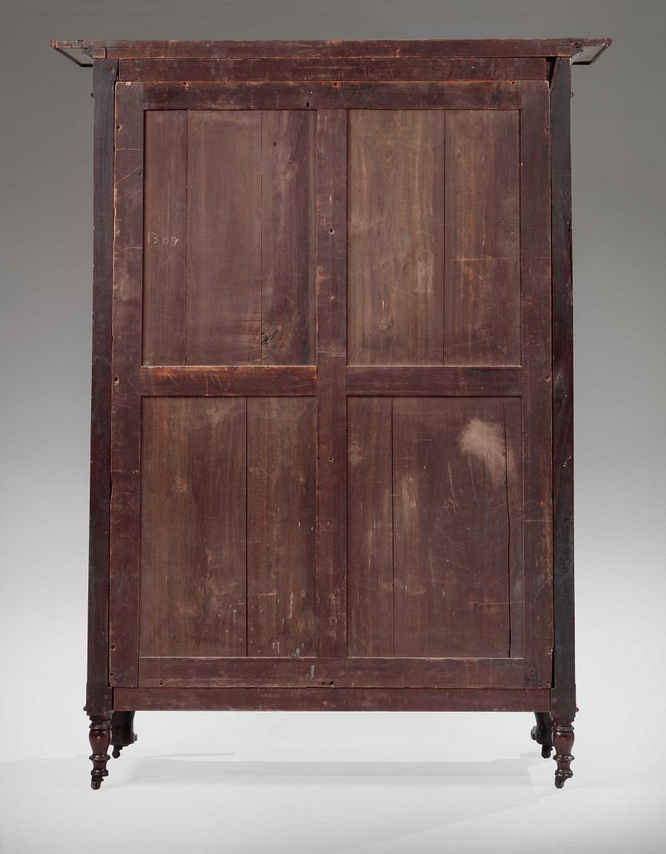American Brass-Inlaid Carved Mahogany Armoire or Wardrobe For Sale