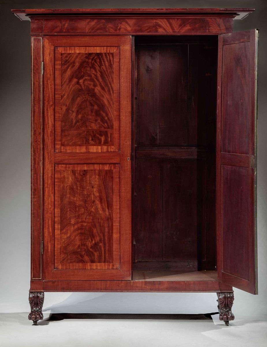 Inlay Brass-Inlaid Carved Mahogany Armoire or Wardrobe For Sale