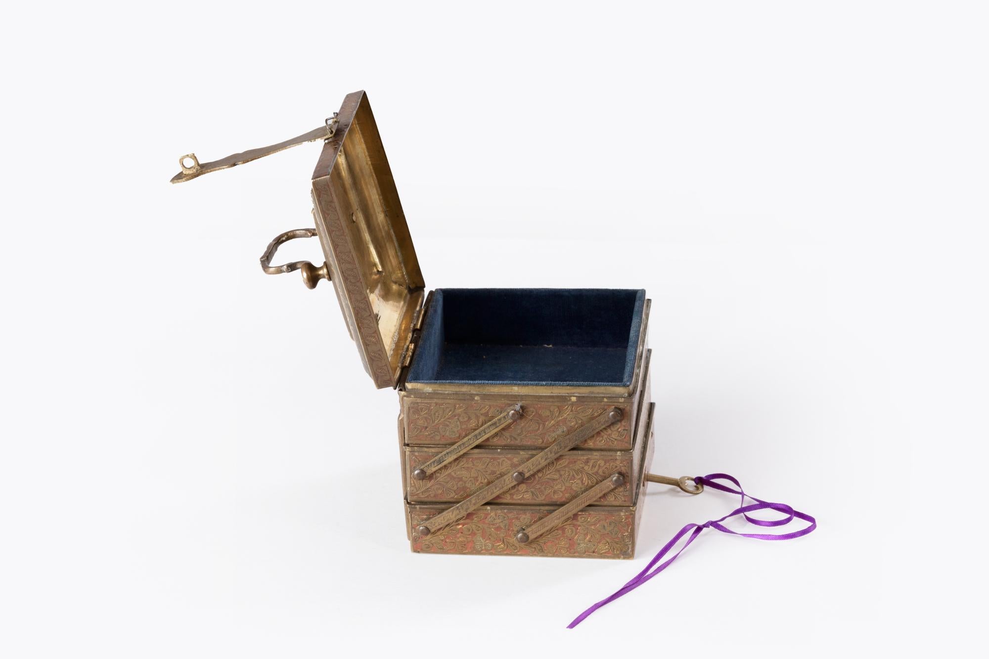 Victorian Brass Inlaid Folding Jewellery Box