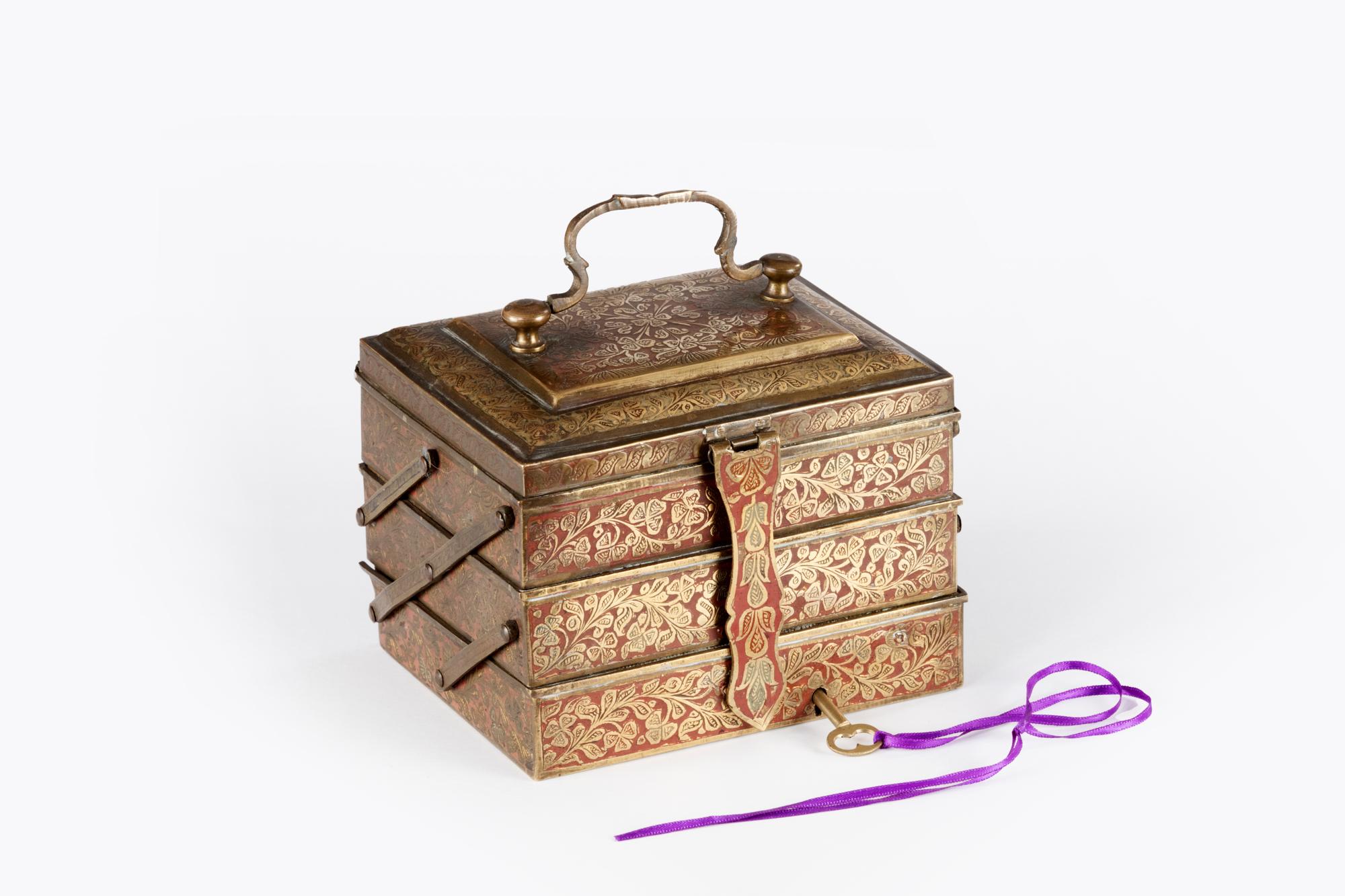 British Brass Inlaid Folding Jewellery Box