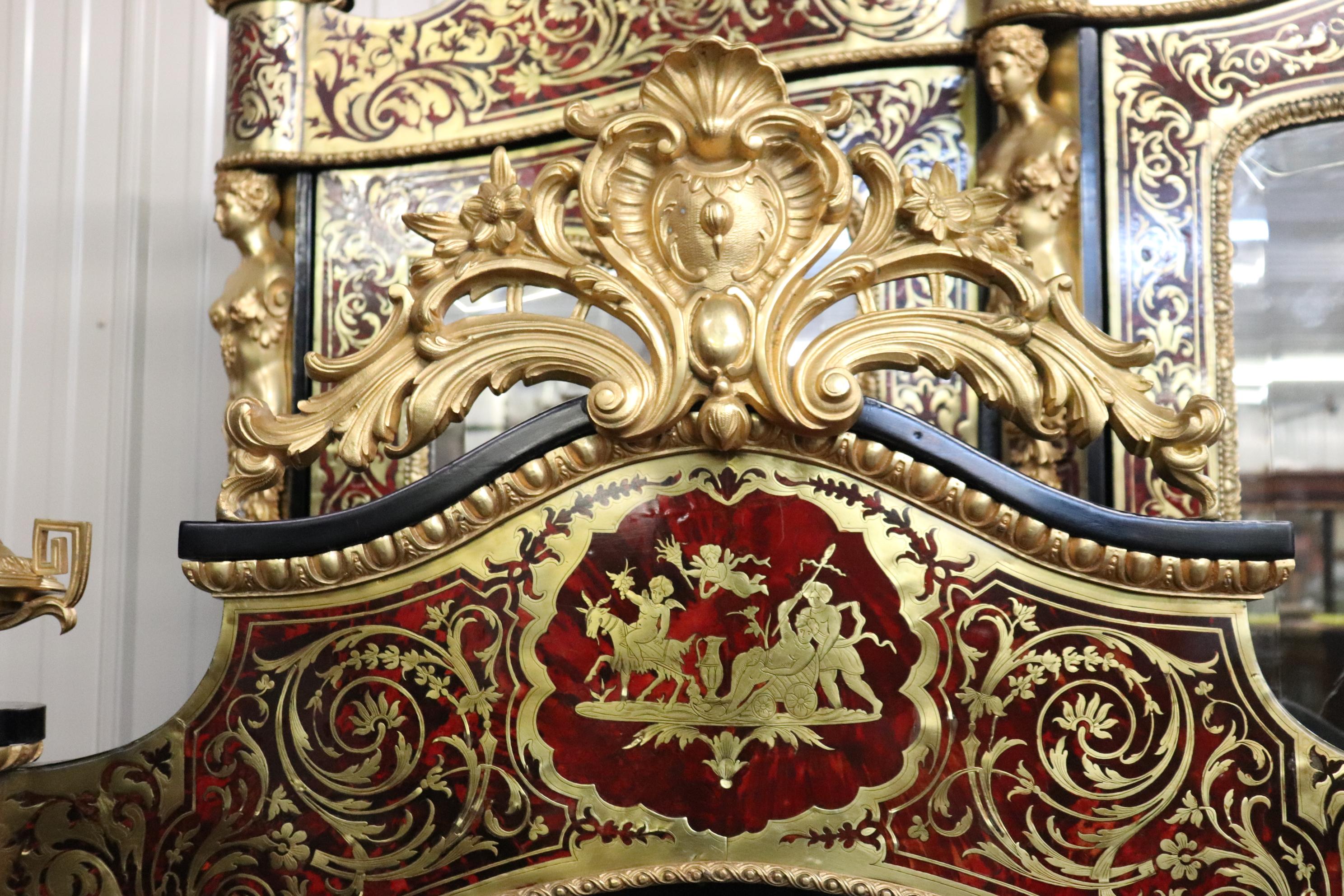 Napoleon III Brass Inlaid French Dor'e Figural Bronze Boulle Ebonized Near Queen Bed