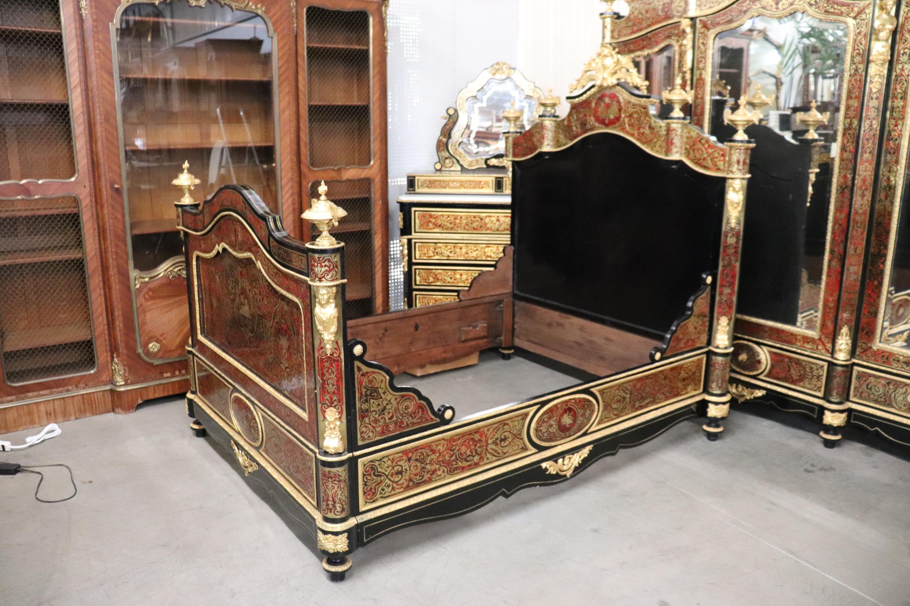 Late 19th Century Brass Inlaid French Dor'e Figural Bronze Boulle Ebonized Near Queen Bed