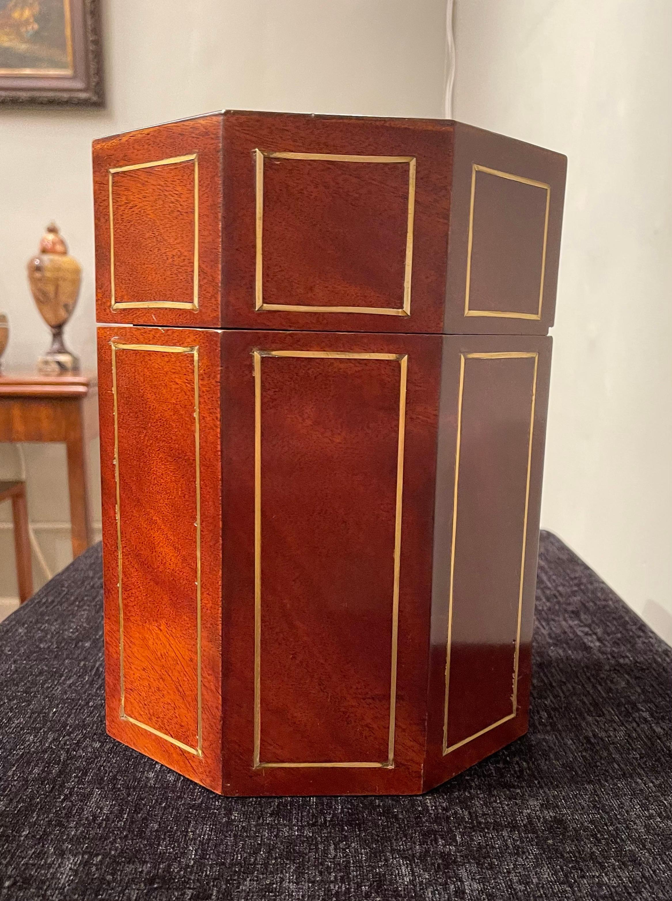 Brass Inlaid Mahogany Humidor 'with Original Glass Humidor Sleeve & Cap' In Good Condition In New York, NY