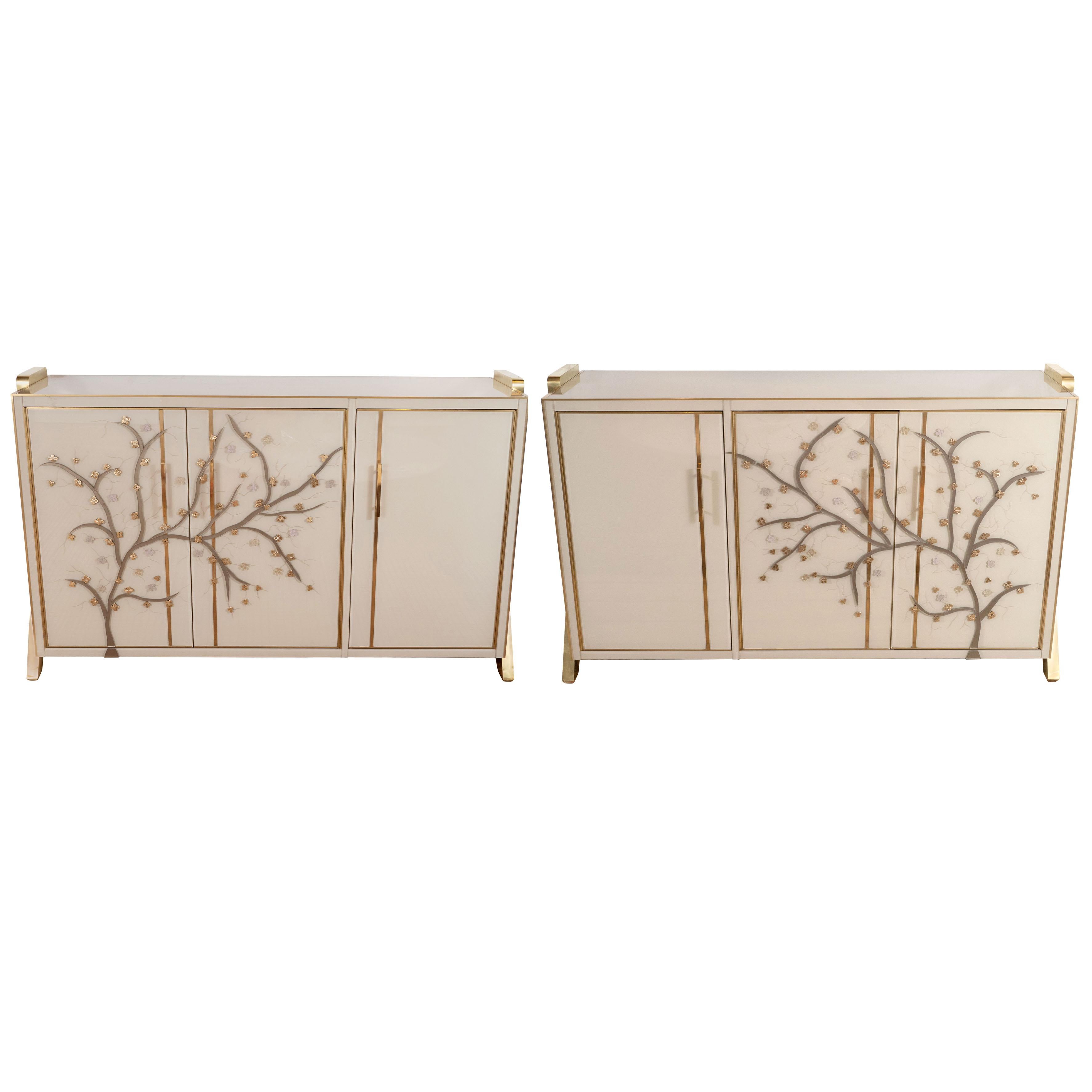 Brass Inlay and Ivory Murano Glass Flower Sideboard, Italy 2019, Pair Available 8