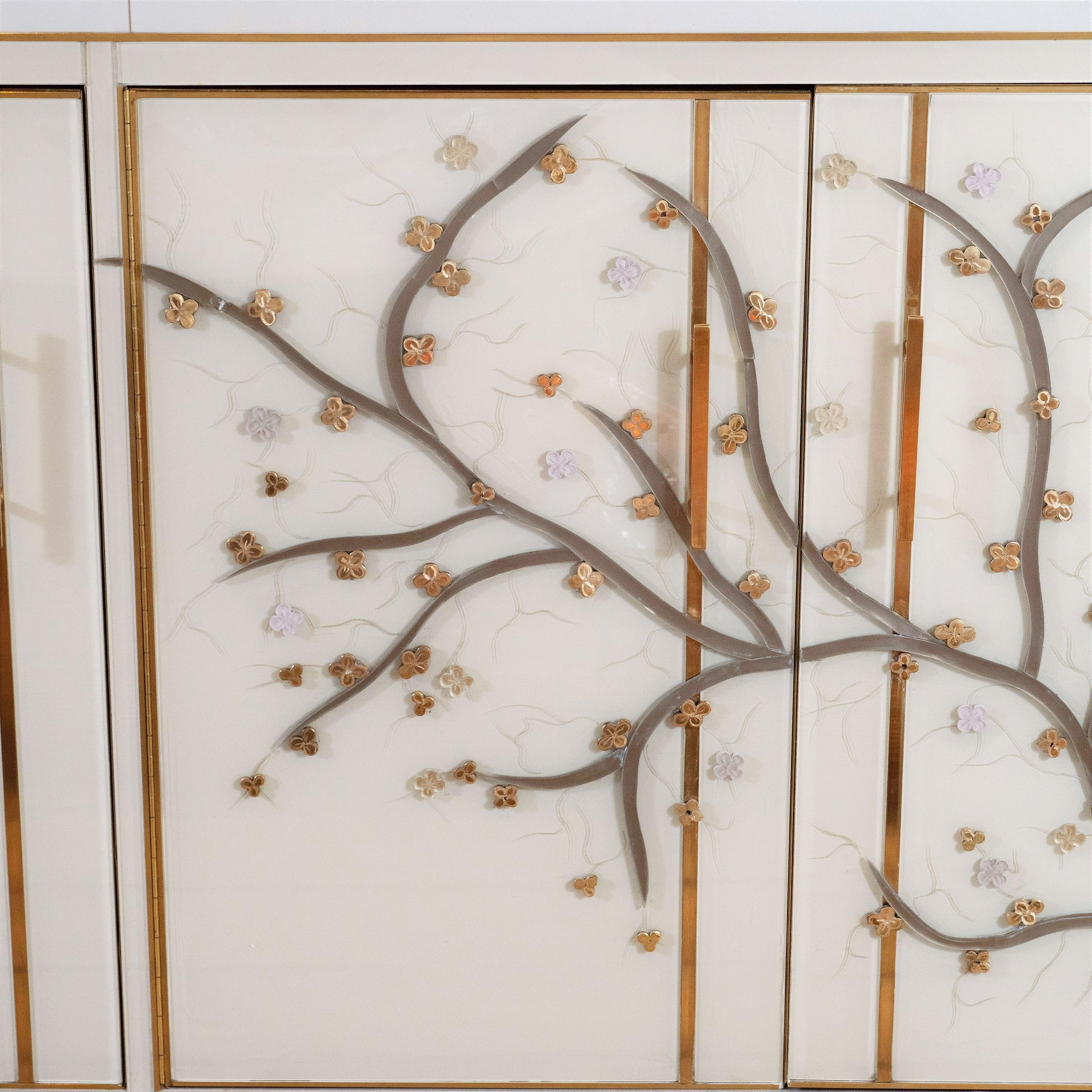 Hollywood Regency Brass Inlay and Ivory Murano Glass Flower Sideboard, Italy 2019, Pair Available