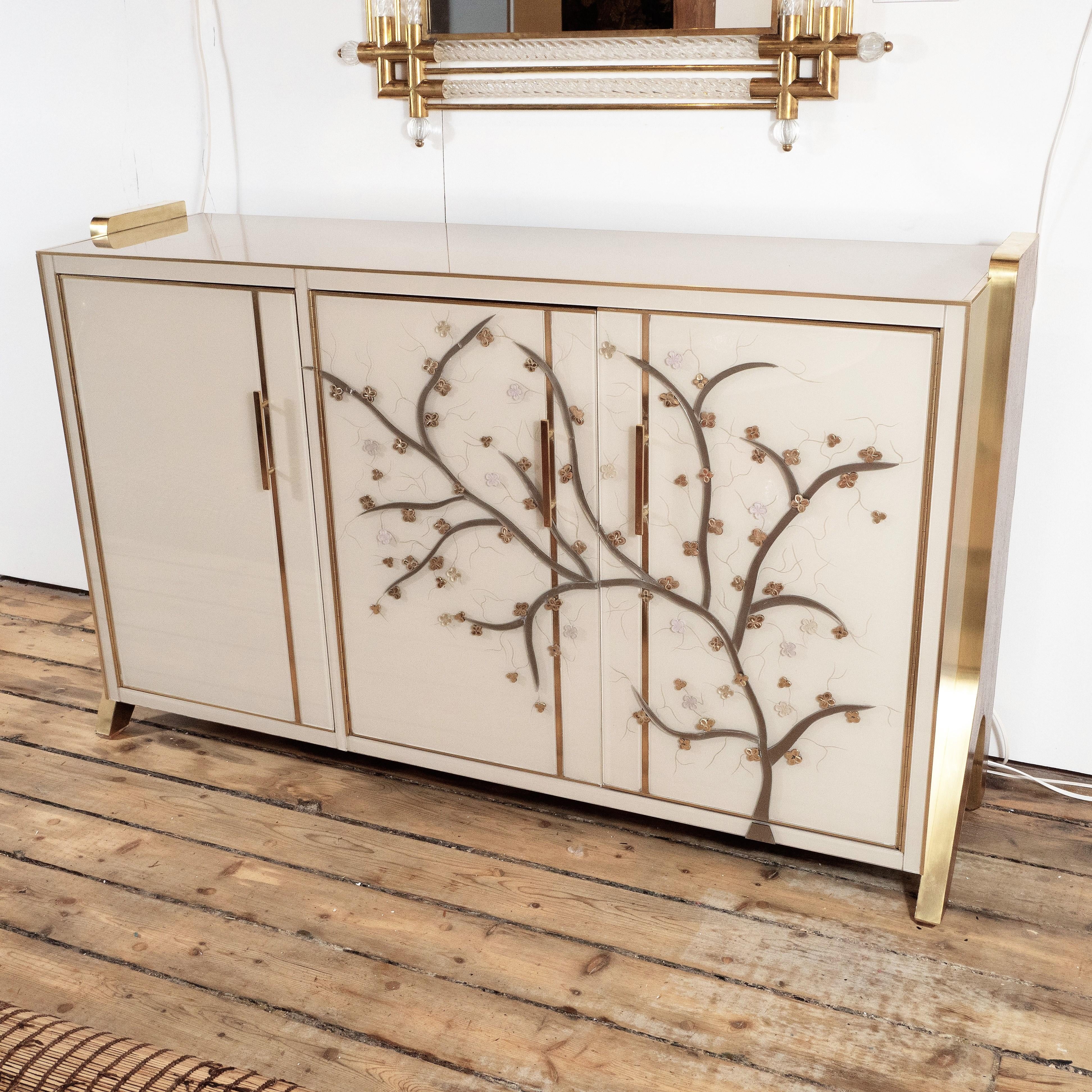 Hand-Crafted Brass Inlay and Ivory Murano Glass Flower Sideboard, Italy 2019, Pair Available