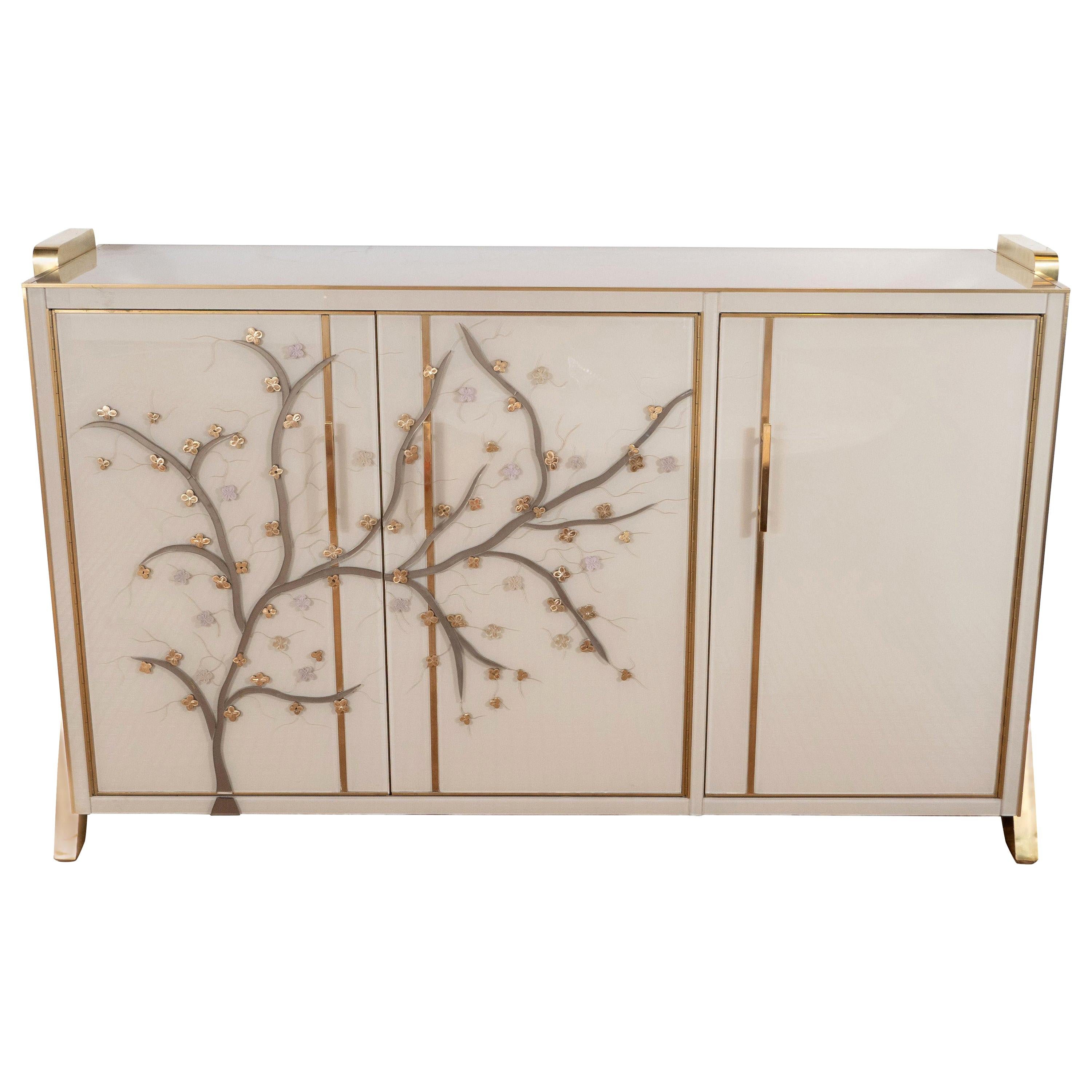 Brass Inlay and Ivory Murano Glass Flower Sideboard, Italy 2019, Pair Available