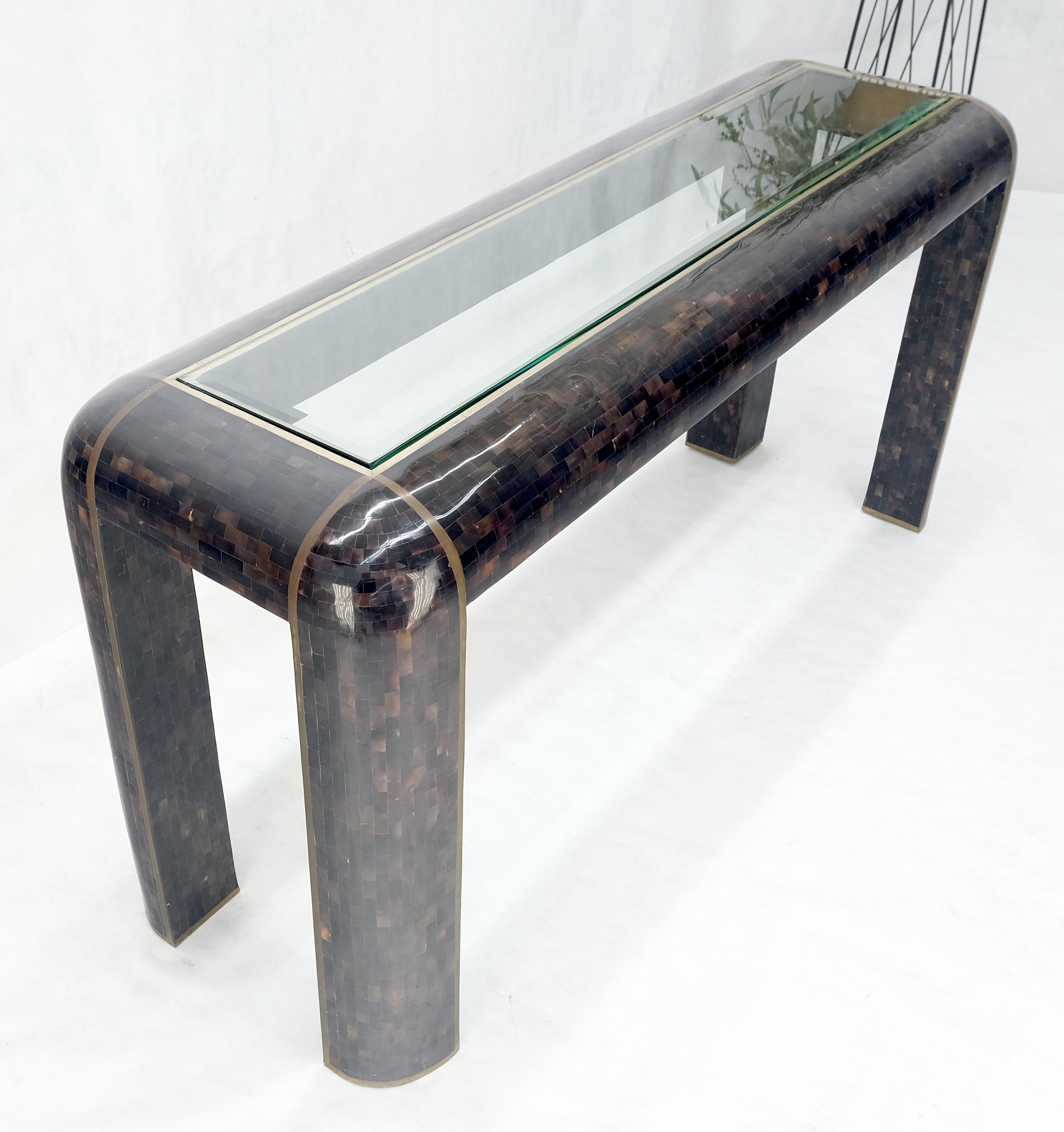 Brass Inlay Tortoise Shell Tile Tessellated Rounded Corners Console Table MINT! For Sale 6