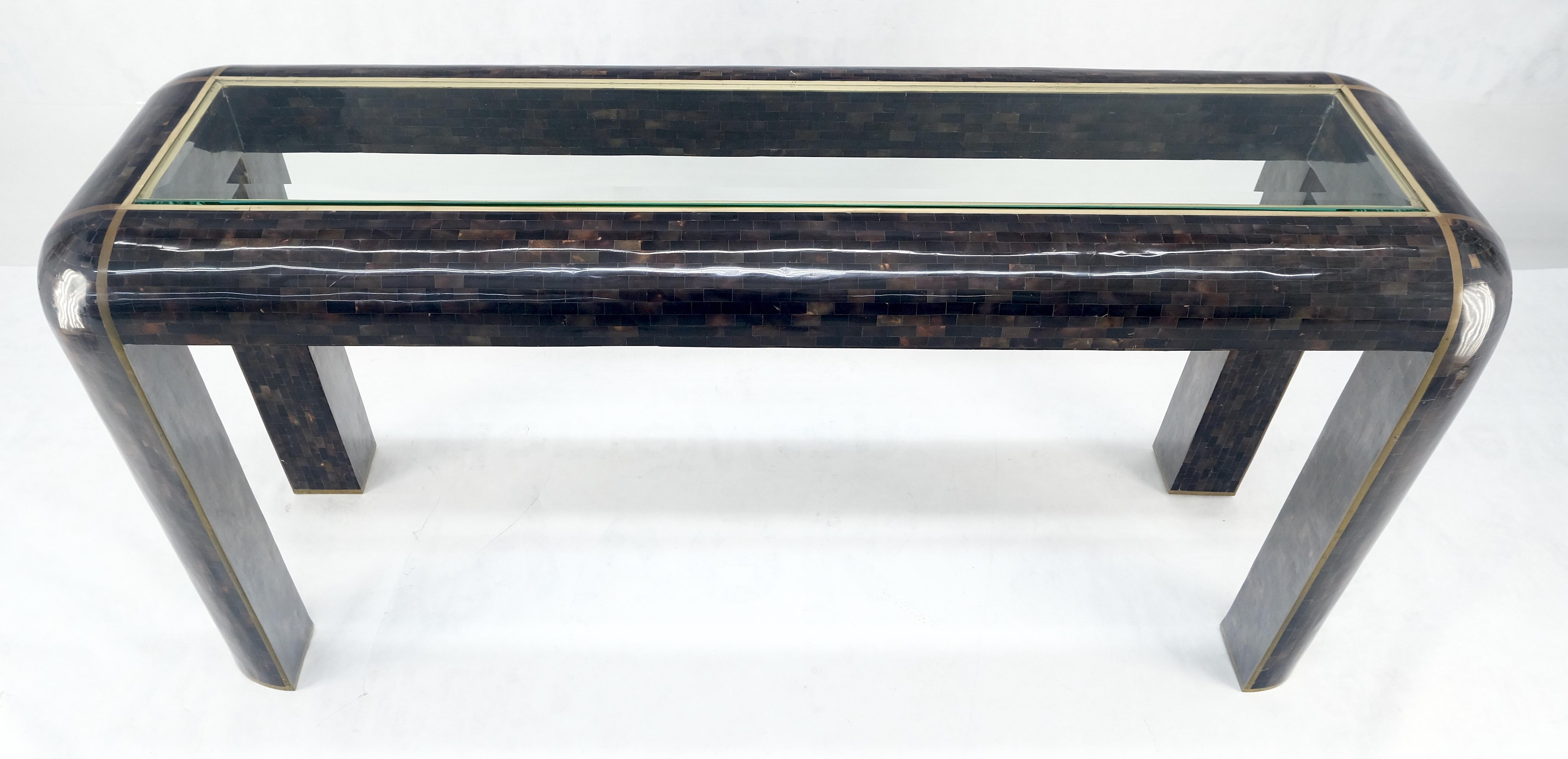 Mid-Century Modern Brass Inlay Tortoise Shell Tile Tessellated Rounded Corners Console Table MINT! For Sale