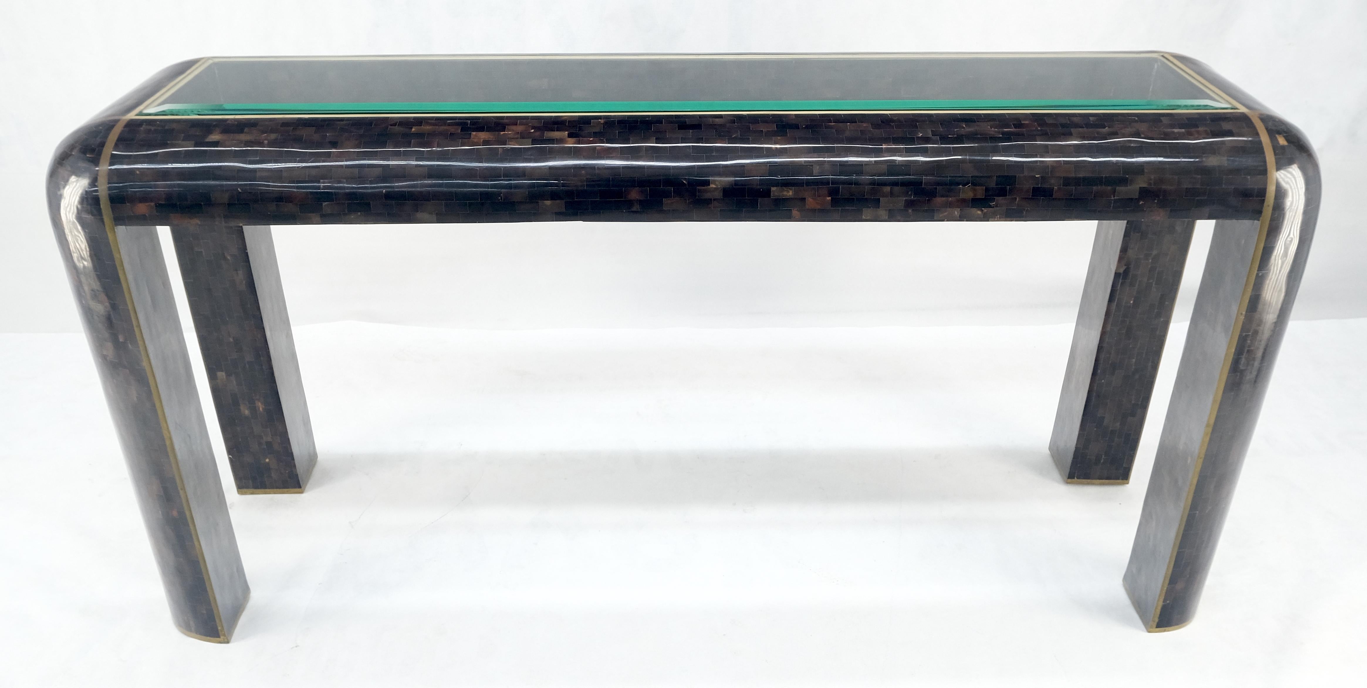 Unknown Brass Inlay Tortoise Shell Tile Tessellated Rounded Corners Console Table MINT! For Sale