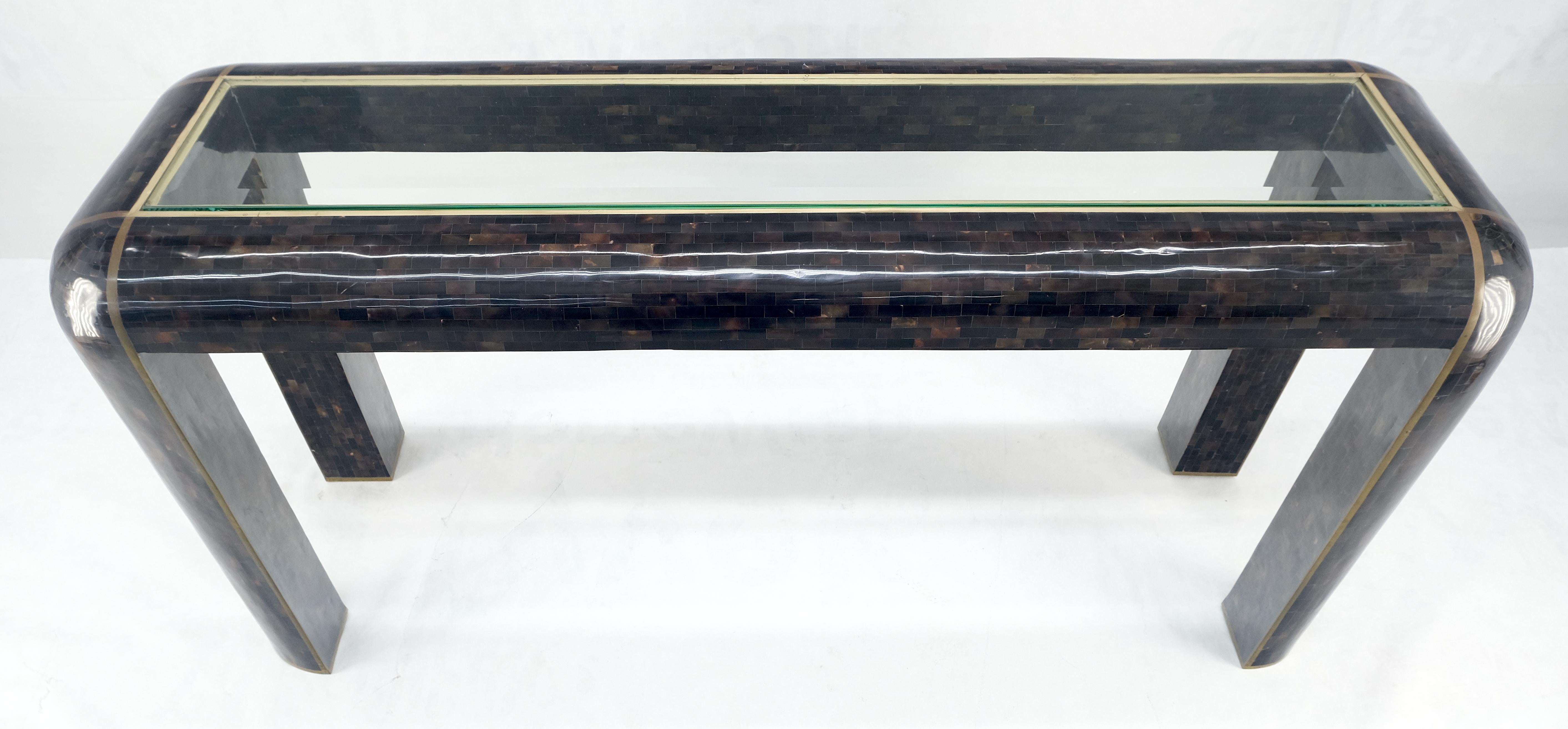 20th Century Brass Inlay Tortoise Shell Tile Tessellated Rounded Corners Console Table MINT! For Sale