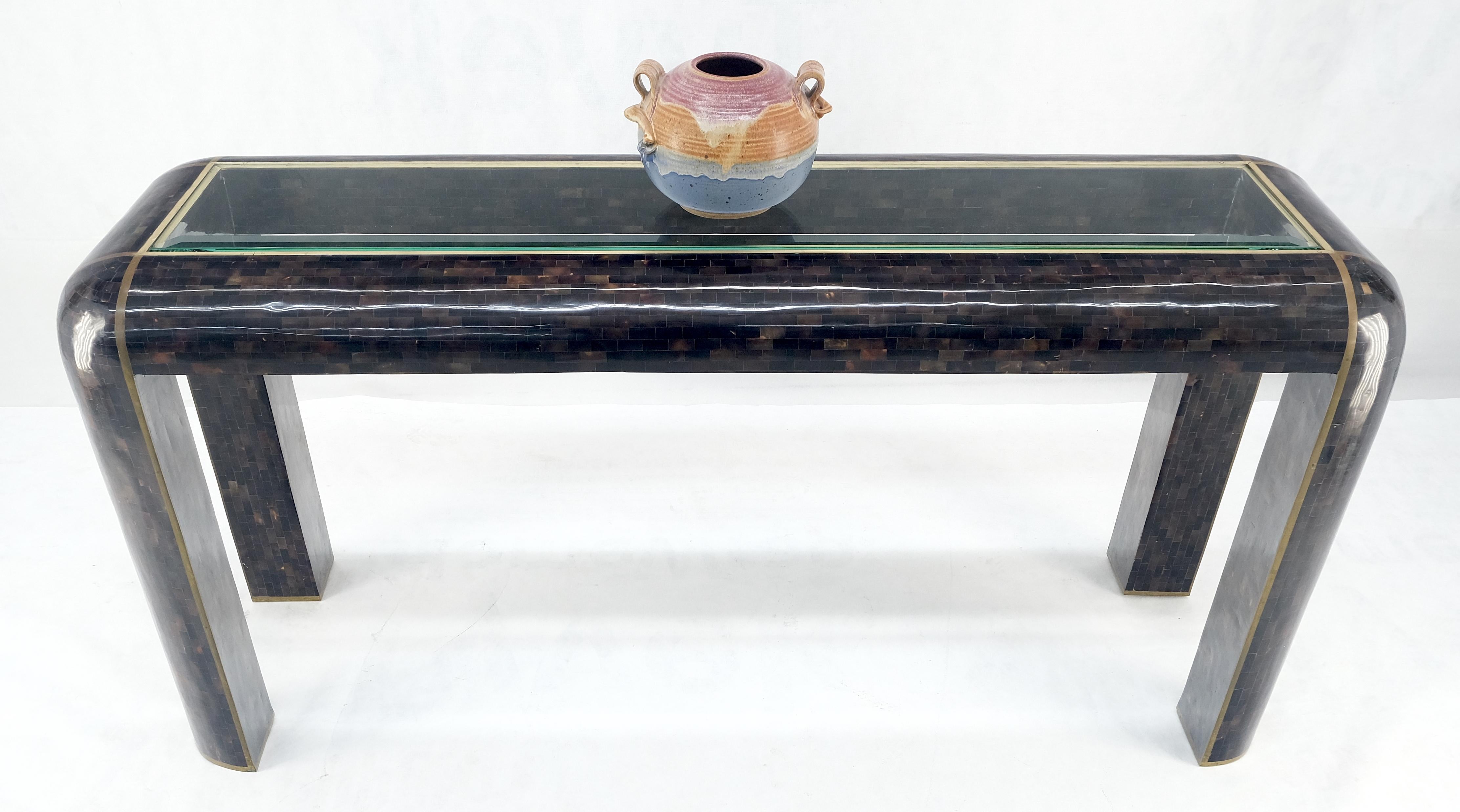 Brass Inlay Tortoise Shell Tile Tessellated Rounded Corners Console Table MINT! For Sale 1
