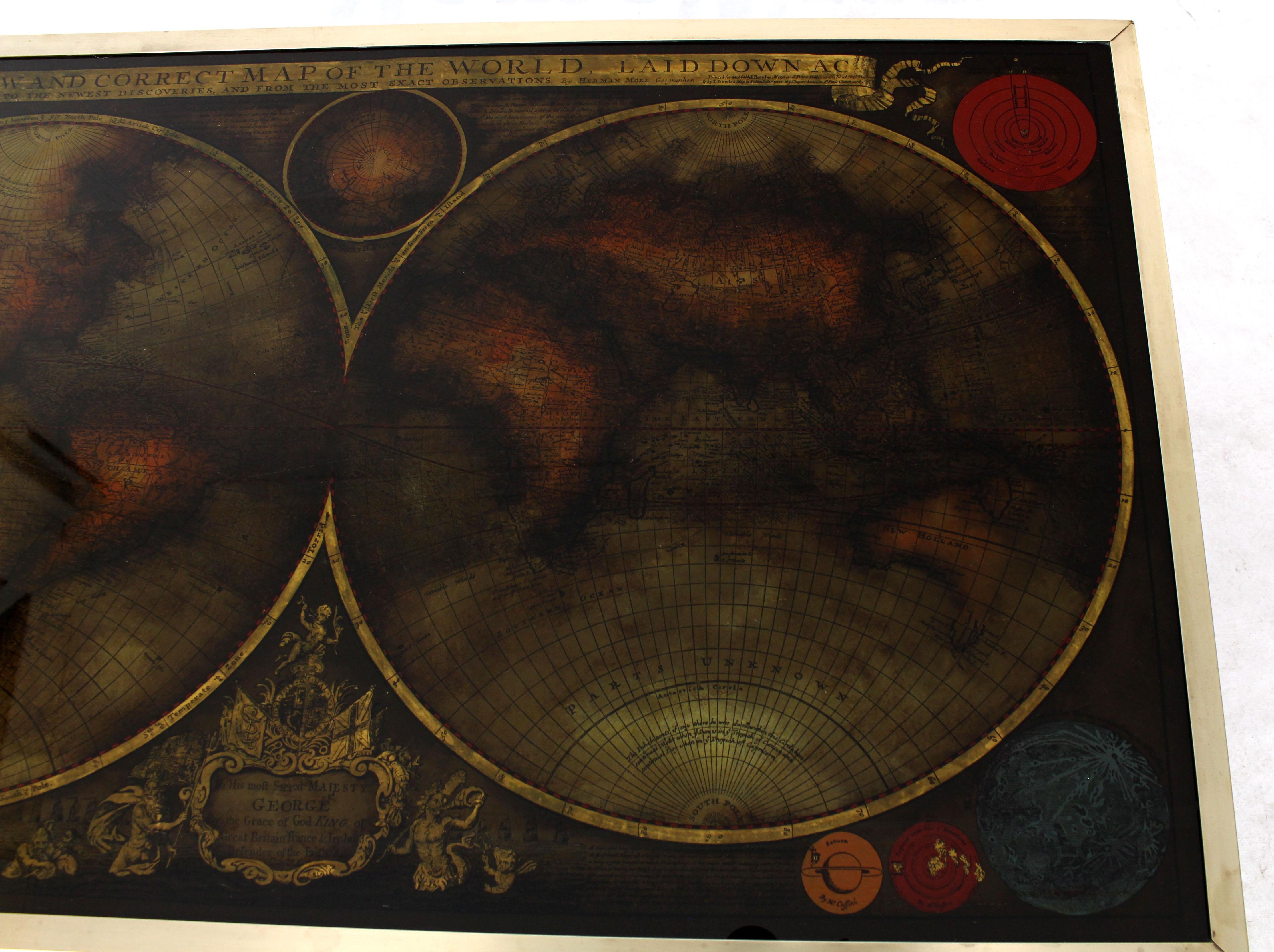 Brass Inlayed & Framed Rectangular Reverse Painted Atlas Map Top Coffee Table For Sale 4