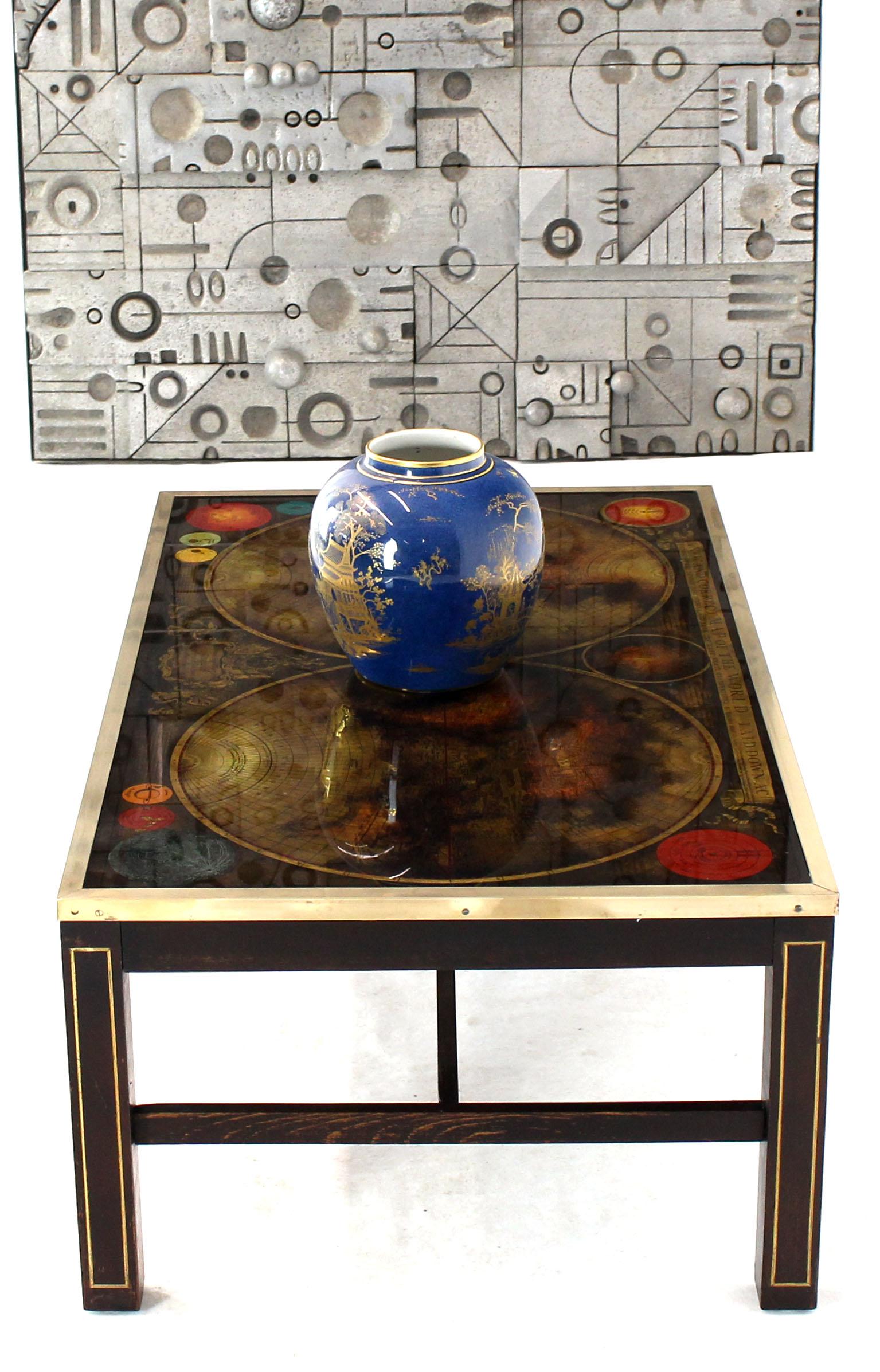 Mid-Century Modern Brass Inlayed & Framed Rectangular Reverse Painted Atlas Map Top Coffee Table For Sale