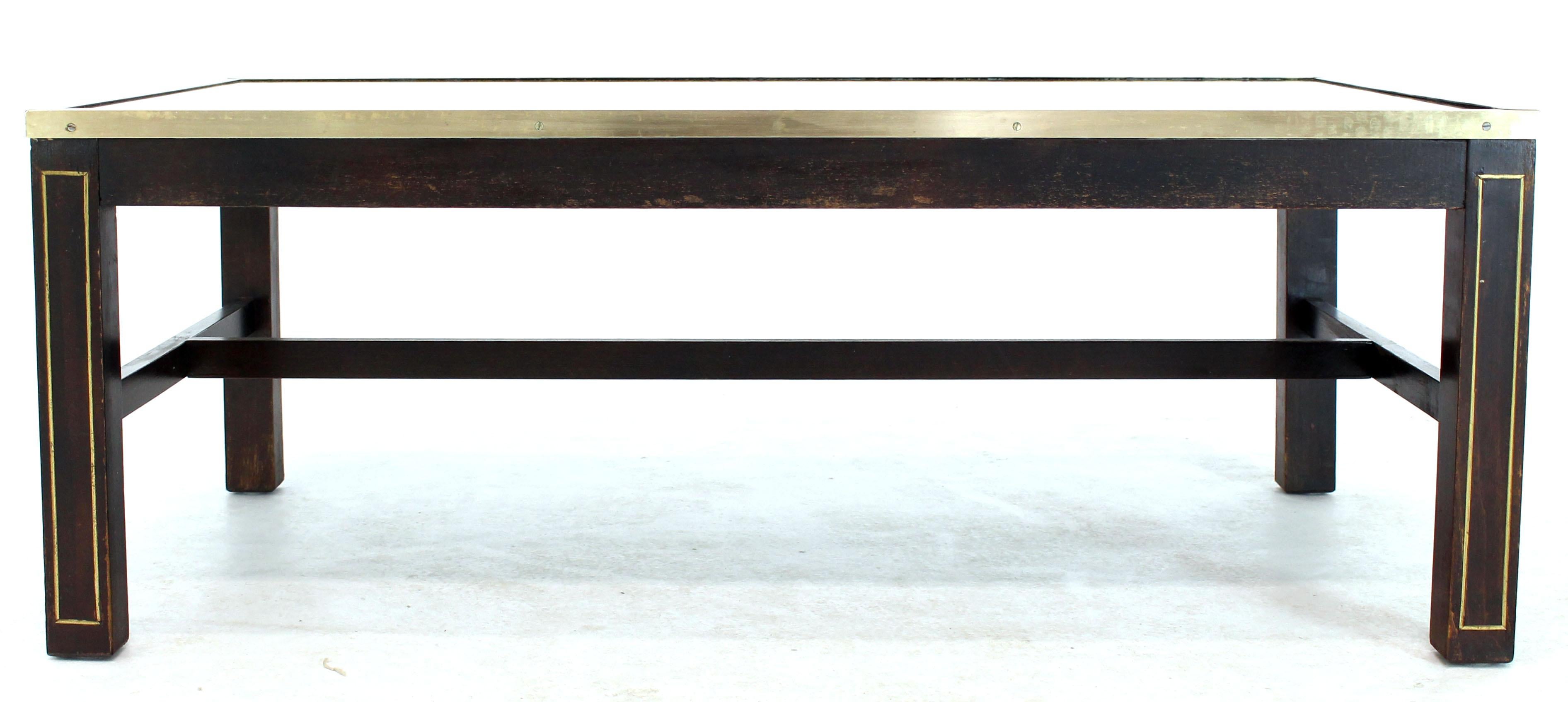 Mid-Century Modern Brass Inlayed & Framed Rectangular Reverse Painted Atlas Map Top Coffee Table For Sale
