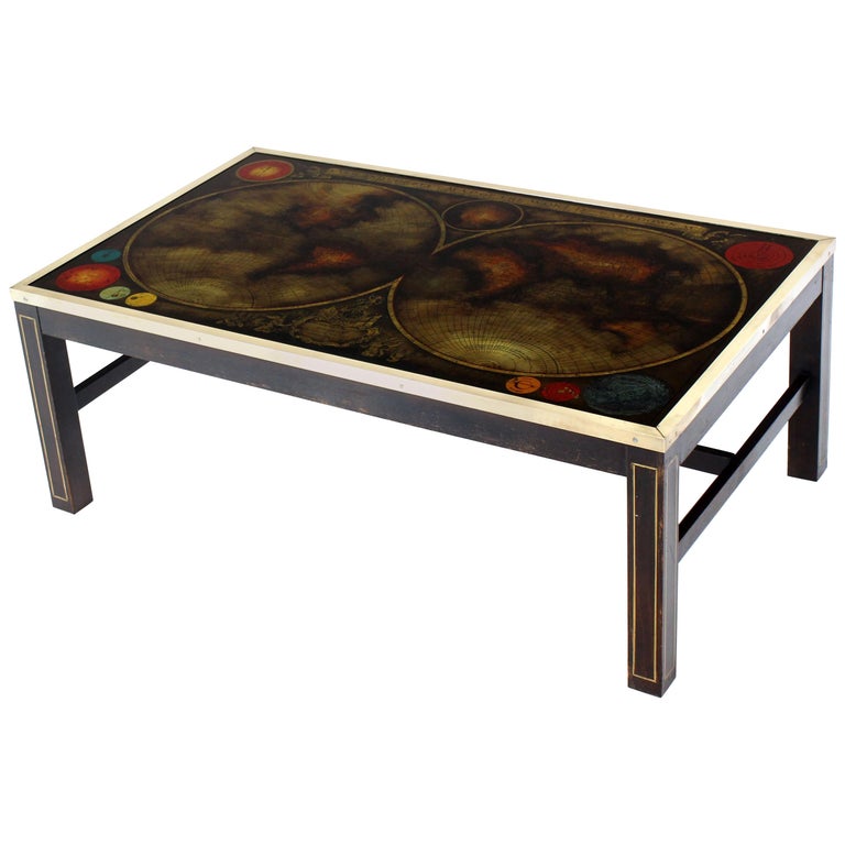 Brass Inlayed Framed Rectangular Reverse Painted Atlas Map Top Coffee Table