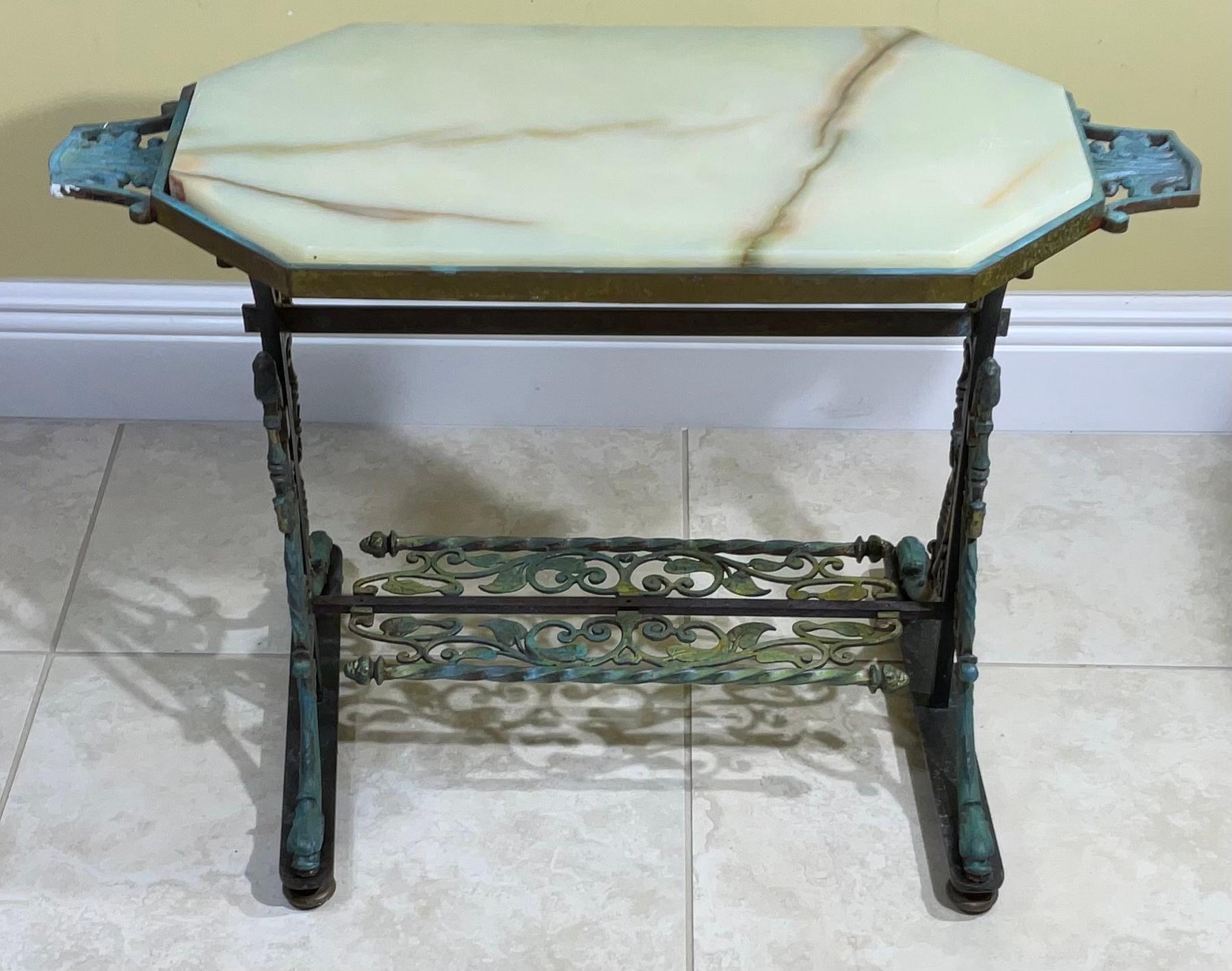 Brass Iron and Onyx Top Antique Coffee or Side Table For Sale 1