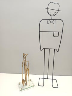 Brass, Iron and Thick Glass Fireplace Tools Set attr. to Fontana Arte, Italy