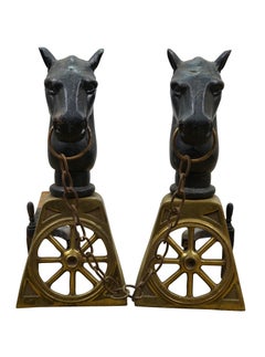 Brass & Iron Equestrian Horse Head Wagon Wheel Fire Dog Andirons 19"