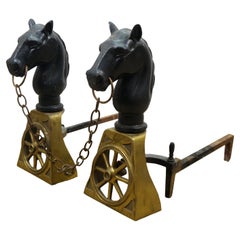 Brass & Iron Equestrian Horse Head Wagon Wheel Fire Dog Andirons 19"