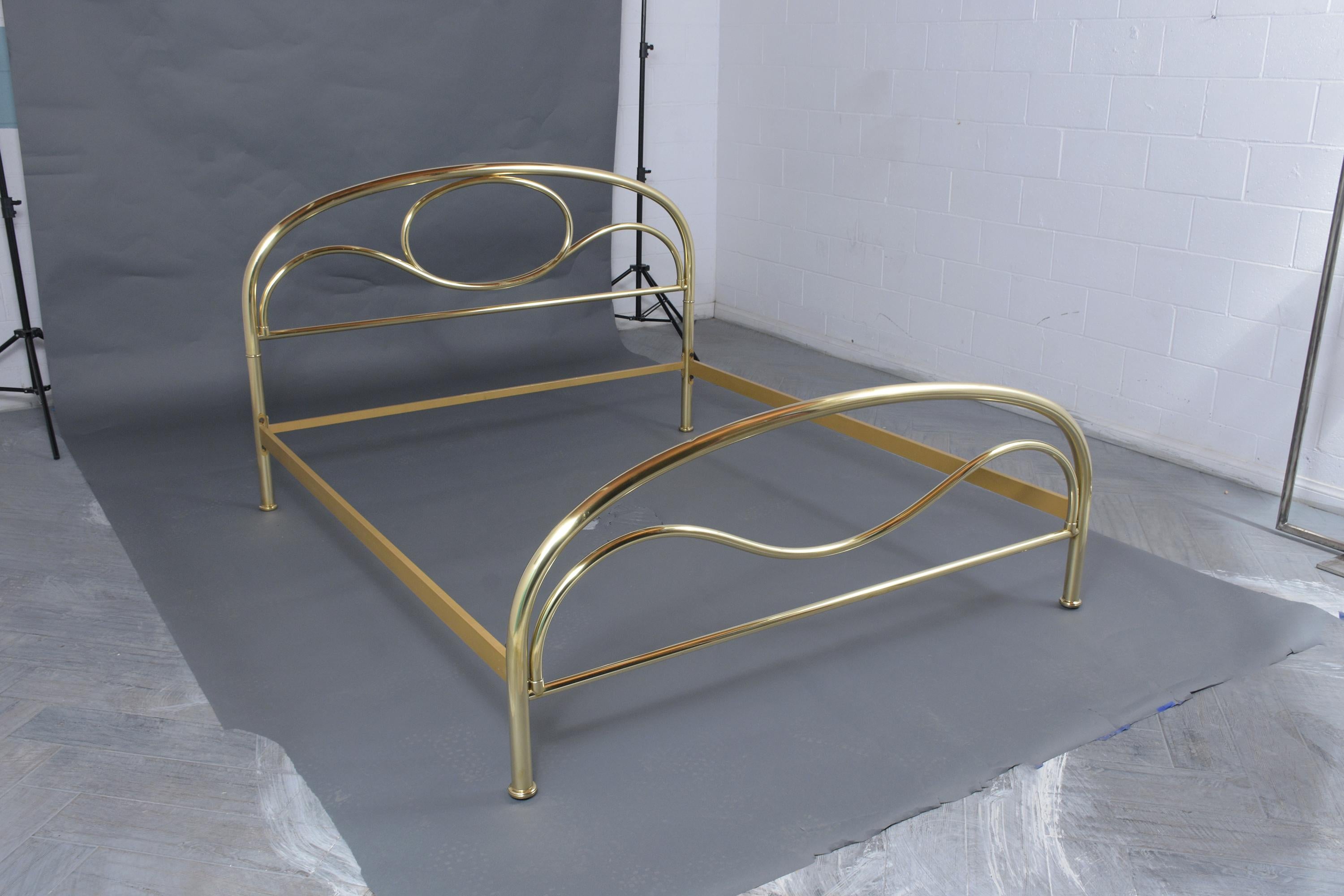 An extraordinary vintage queen-sized bed frame hand-crafted out of brass and is in good condition. This eye-catching bed frame features a fabulous art-deco design, is newly cleaned and polished, and is ready to be used in any bedroom for years to