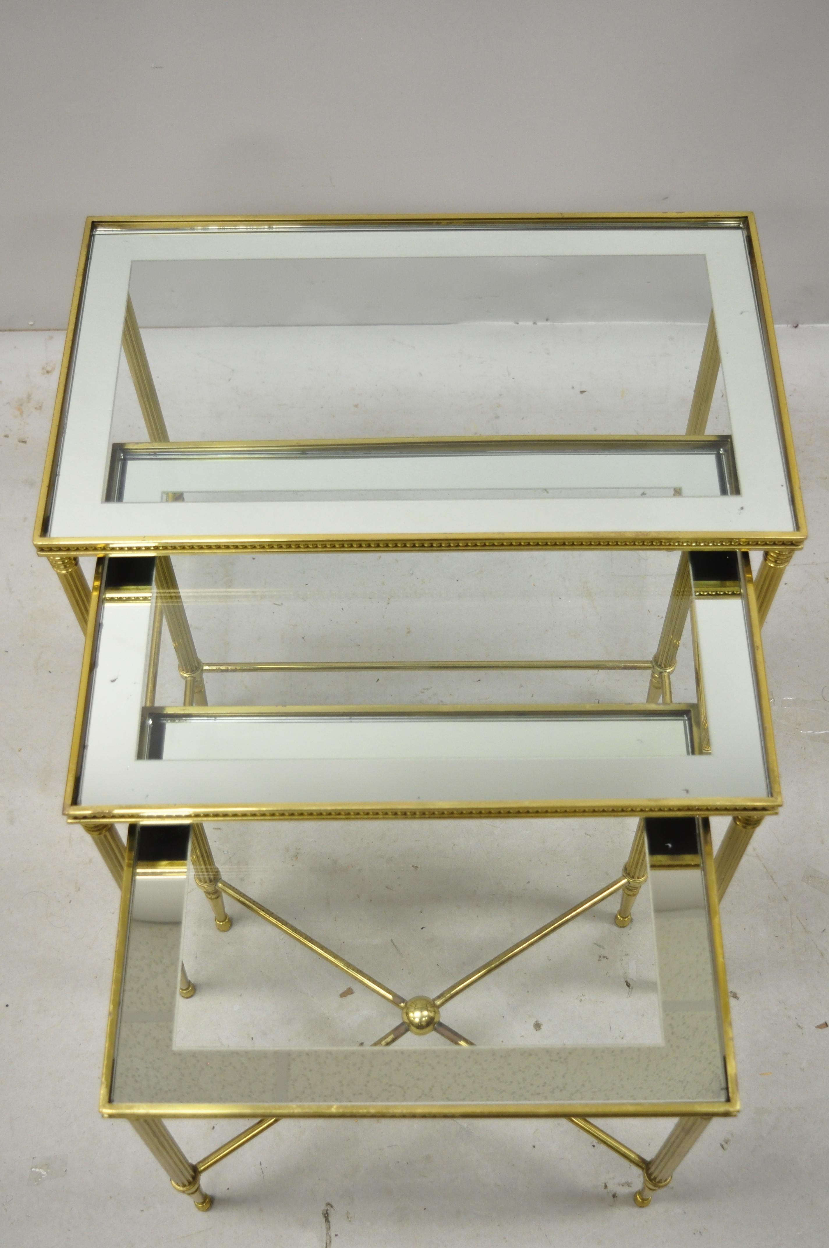 Brass Italian Hollywood Regency Side Nesting Tables Glass Top Tapered Legs Set 3 For Sale 5