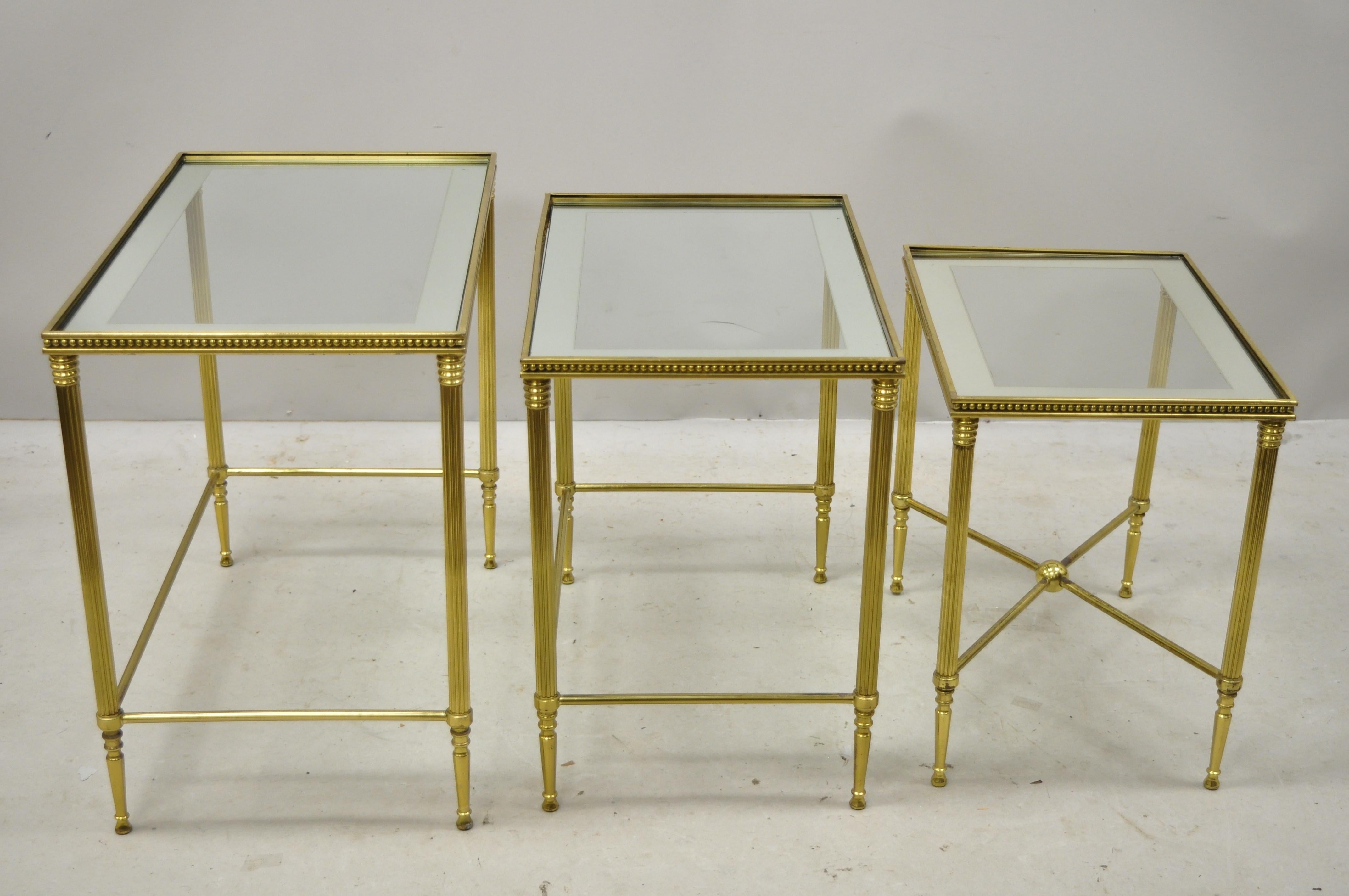 Brass Italian Hollywood Regency Side Nesting Tables Glass Top Tapered Legs Set 3 For Sale 7