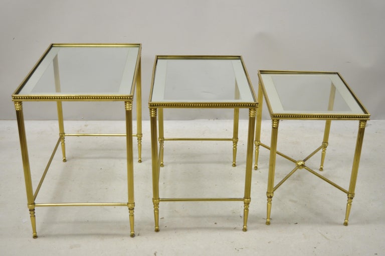 Brass Italian Hollywood Regency Side Nesting Tables Glass Top Tapered