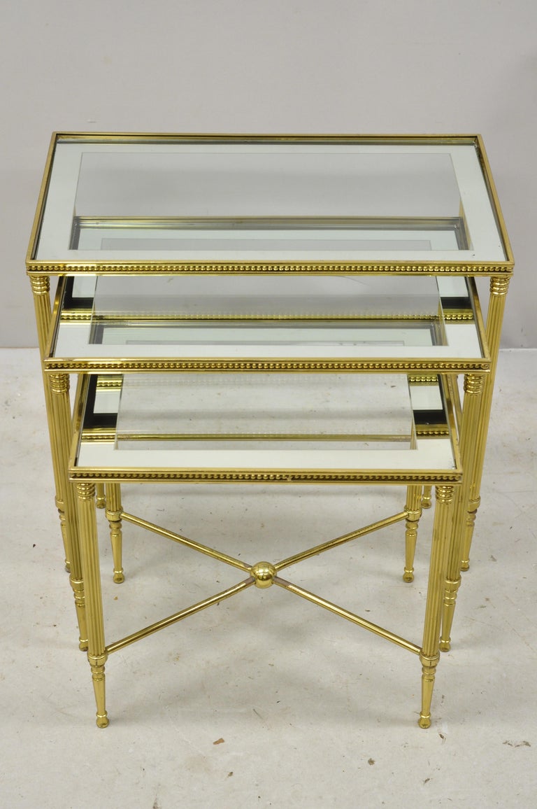 Brass Italian Hollywood Regency Side Nesting Tables Glass Top Tapered