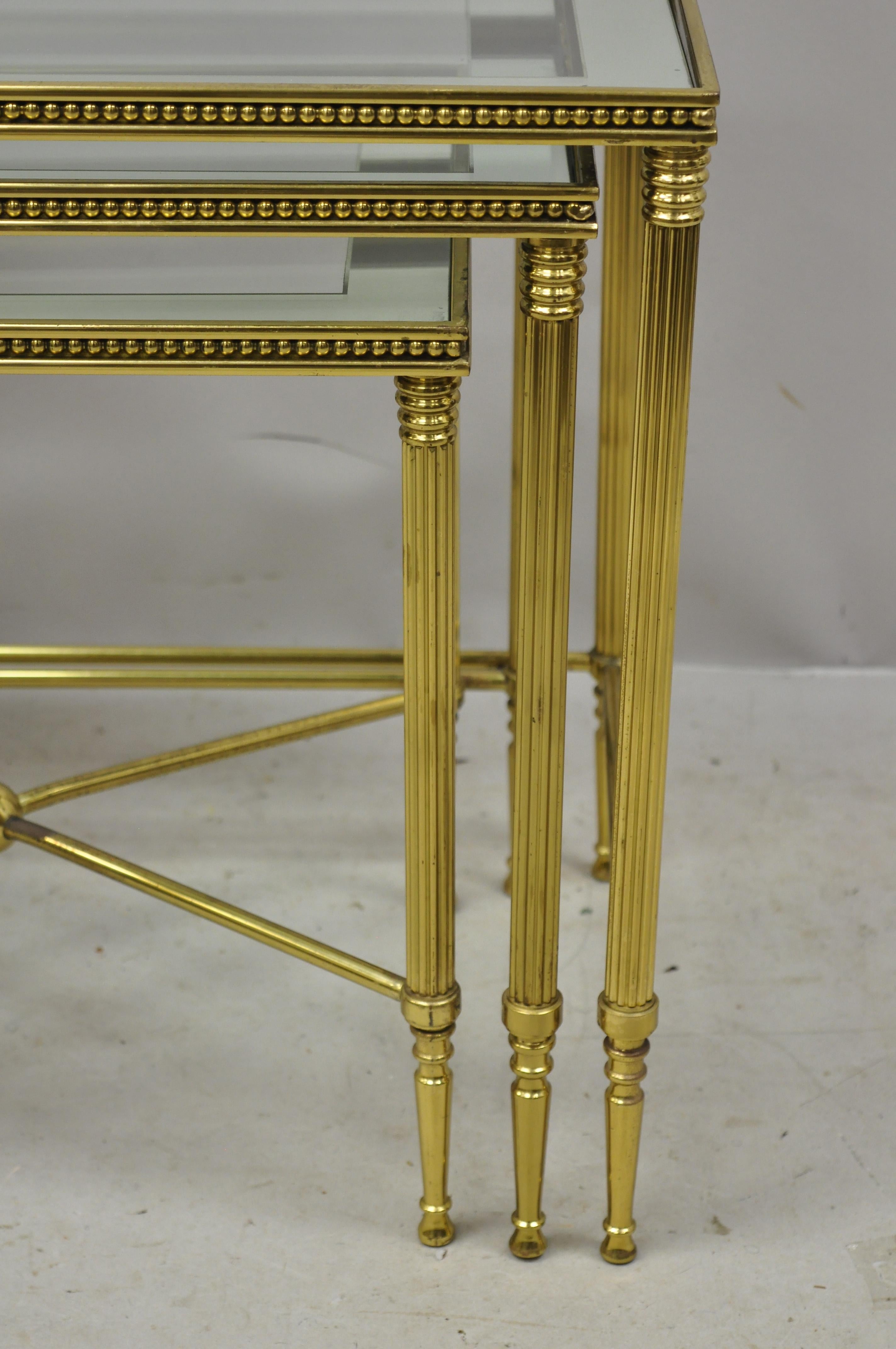 20th Century Brass Italian Hollywood Regency Side Nesting Tables Glass Top Tapered Legs Set 3 For Sale