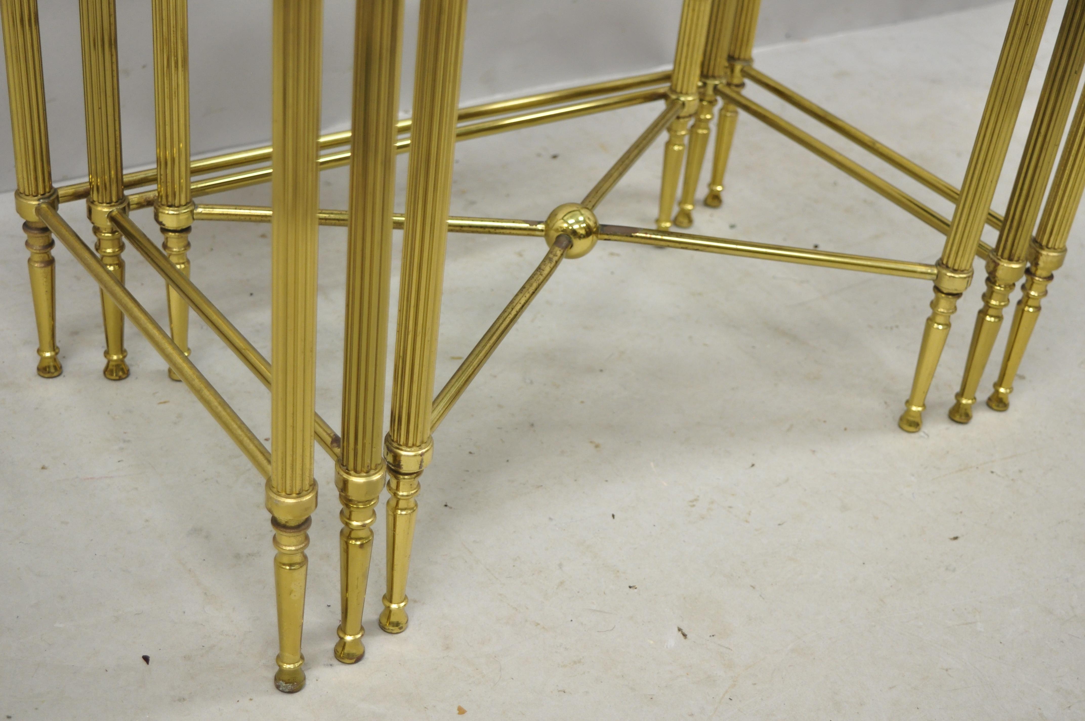 Brass Italian Hollywood Regency Side Nesting Tables Glass Top Tapered Legs Set 3 For Sale 1