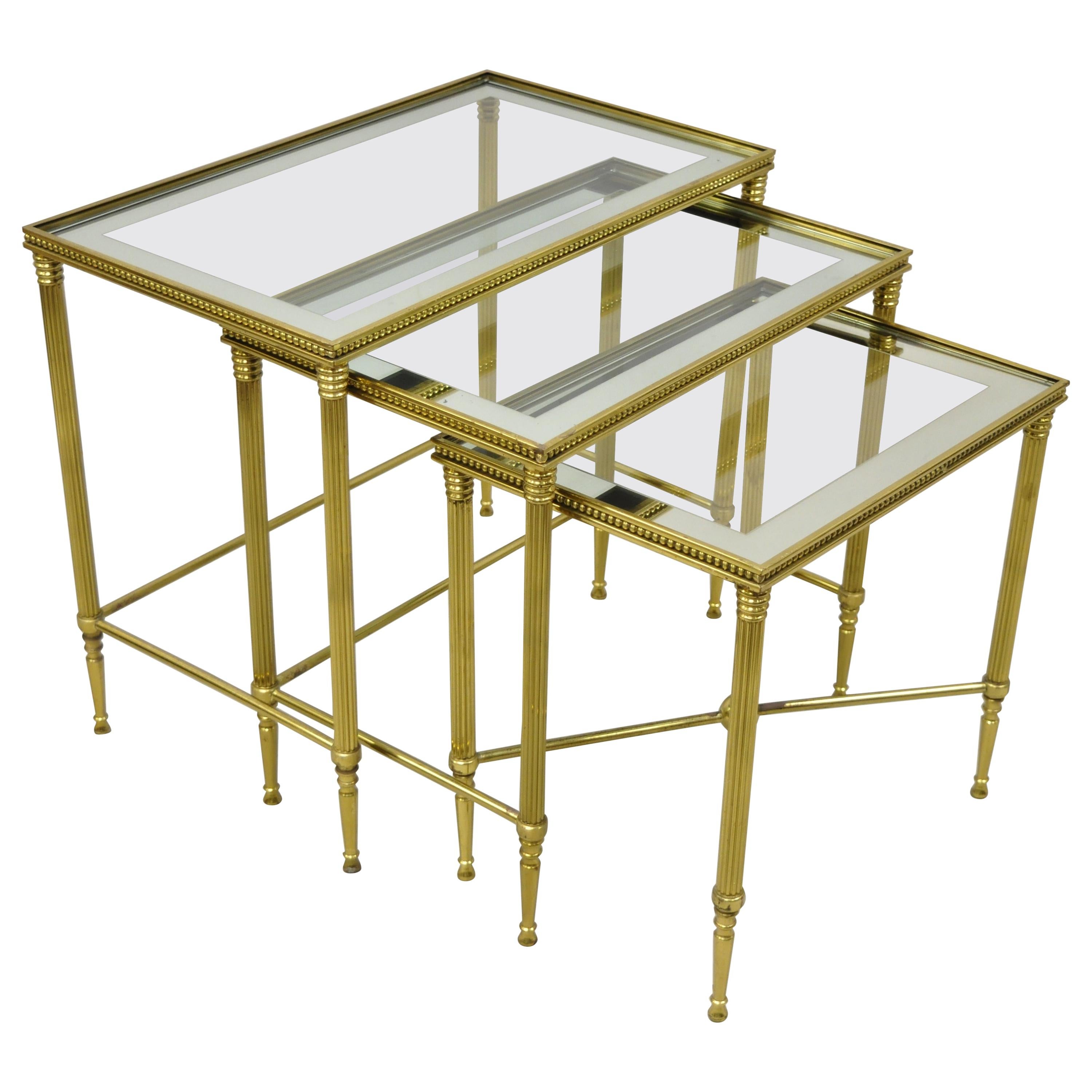 Brass Italian Hollywood Regency Side Nesting Tables Glass Top Tapered Legs Set 3