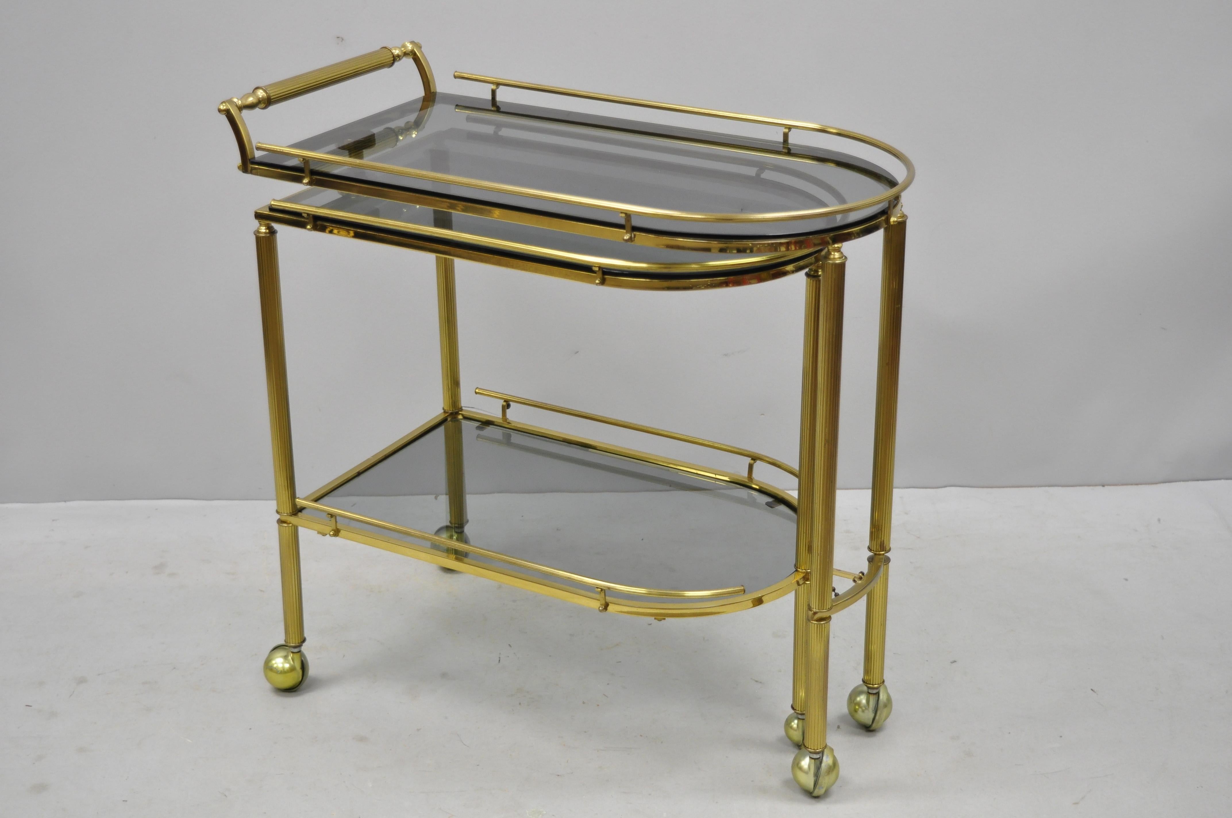 Brass Italian Hollywood Regency Swivel Rolling Bar Cart Server with Smoked Glass For Sale 7