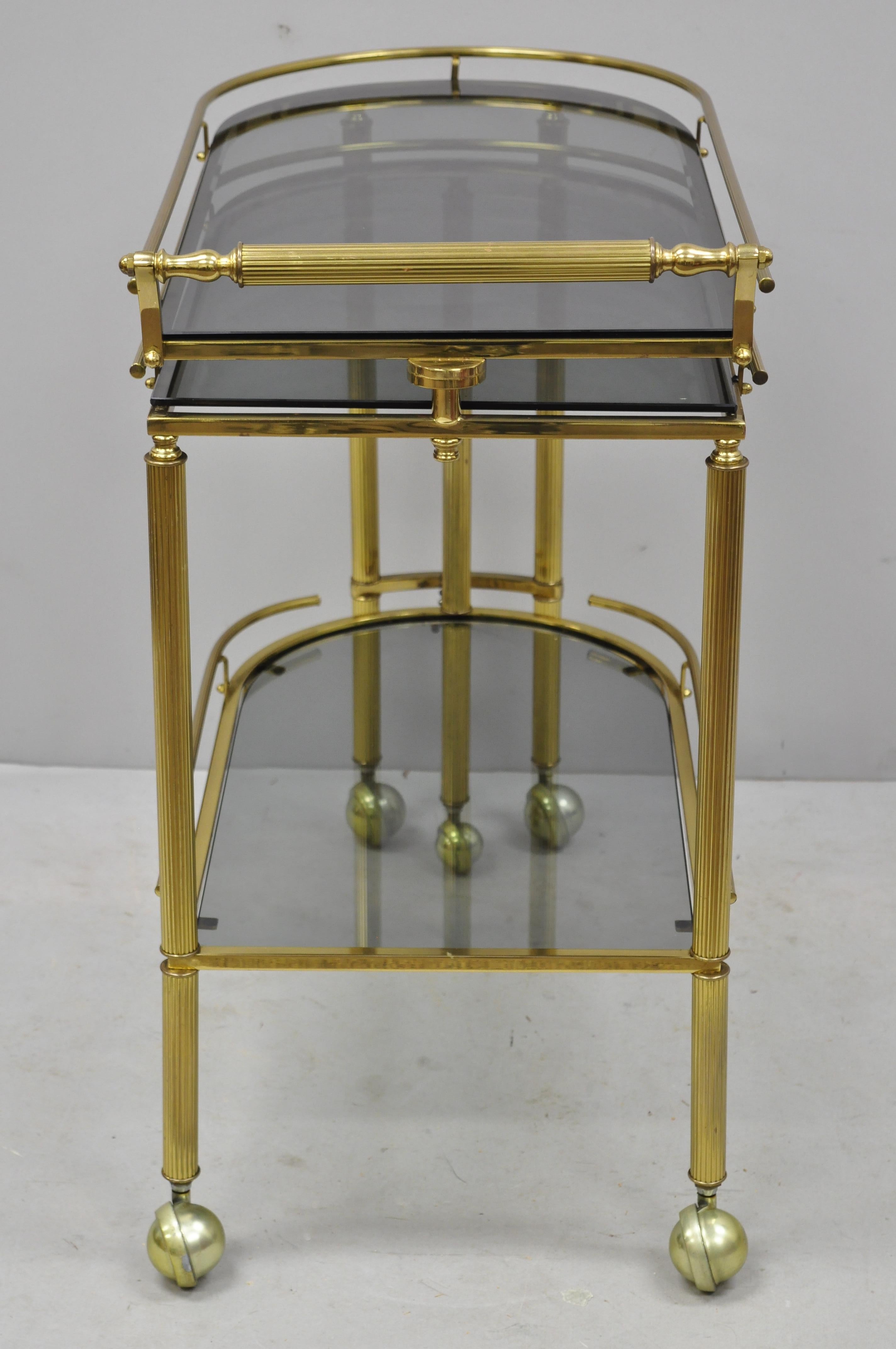 Brass Italian Hollywood Regency Swivel Rolling Bar Cart Server with Smoked Glass For Sale 8