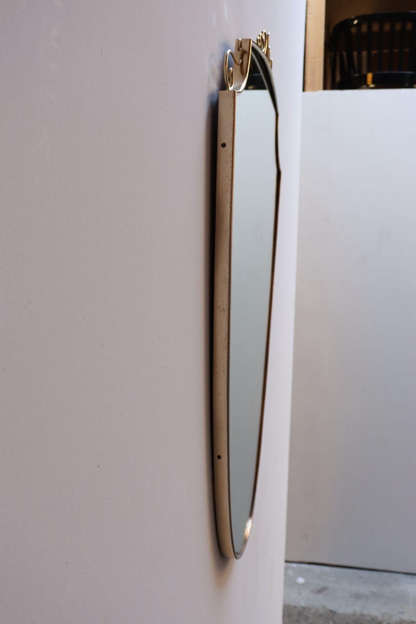 Brass Italian Modern Mirror with Coronet and Scroll Decoration after Gio Ponti In Good Condition In Brooklyn, NY