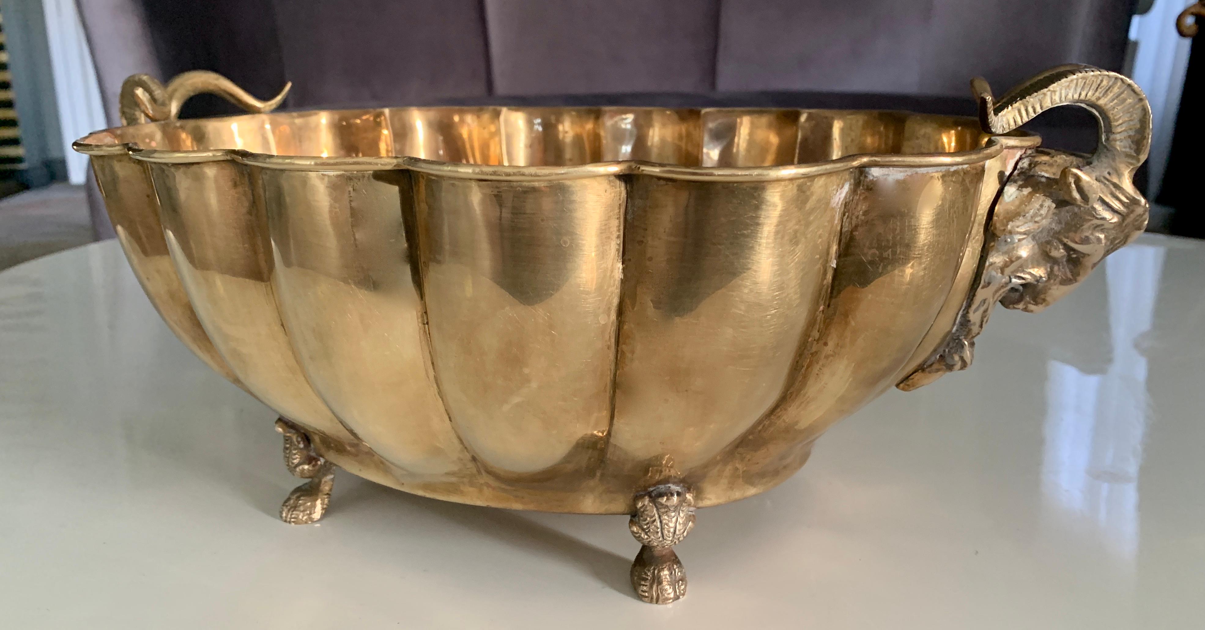 Polished Brass Jardinière with Rams Head Handles and Paw Feet