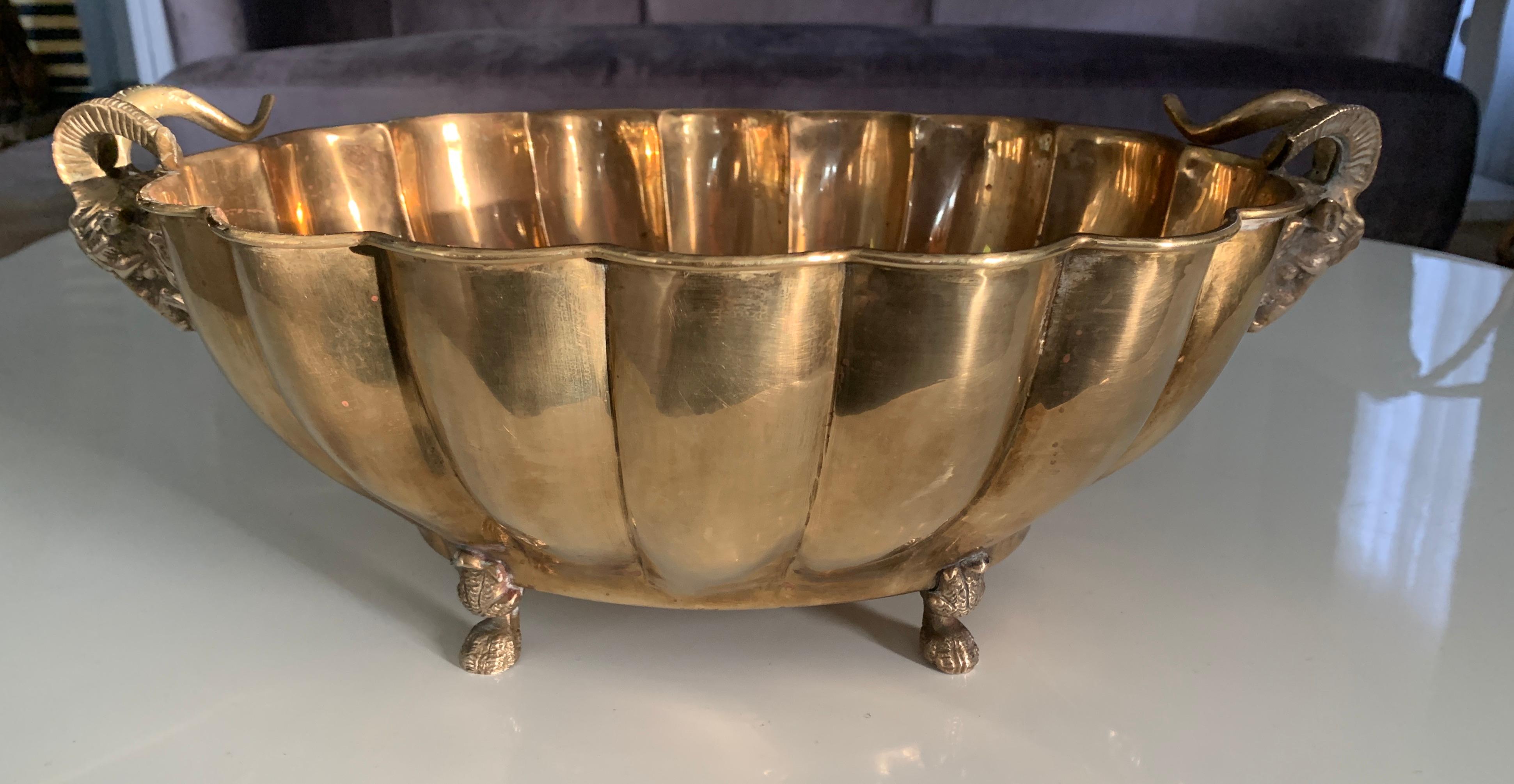 Brass Jardinière with Rams Head Handles and Paw Feet In Good Condition In Los Angeles, CA