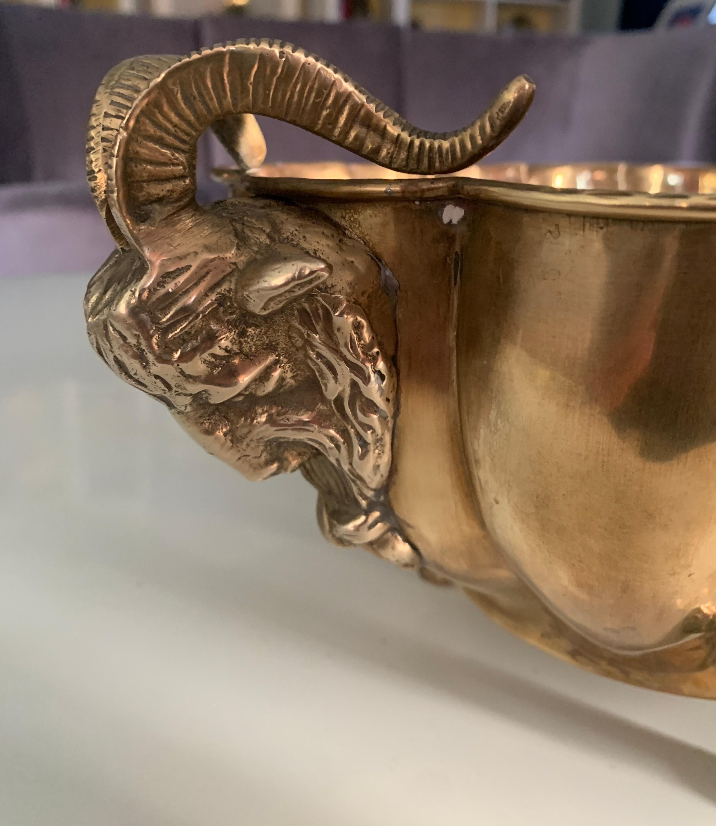 20th Century Brass Jardinière with Rams Head Handles and Paw Feet