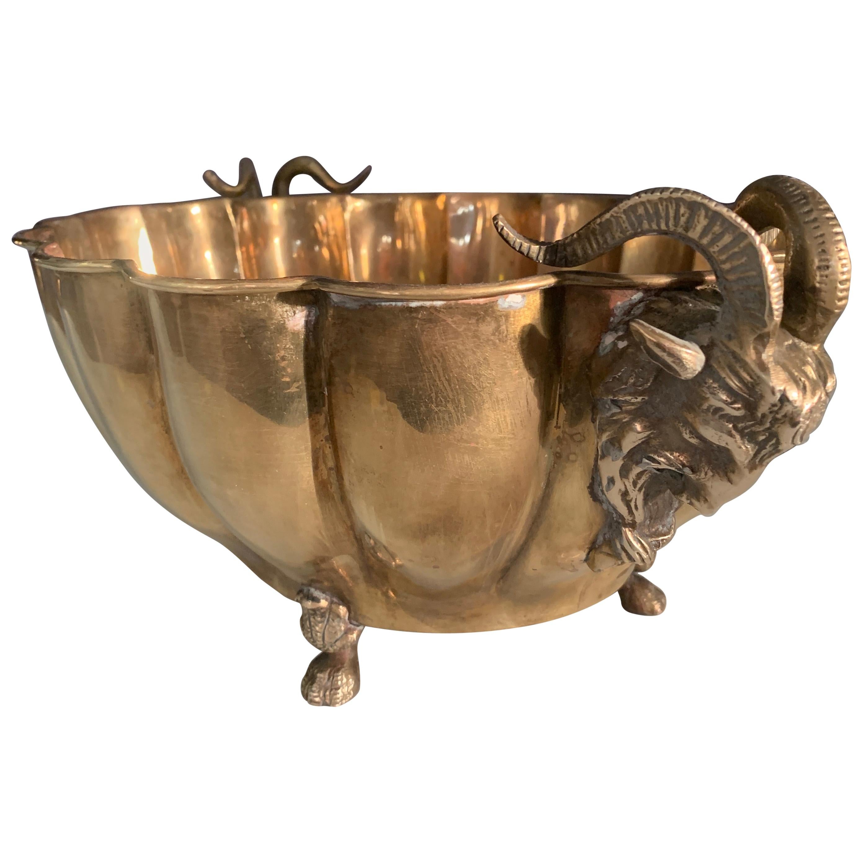 Brass Jardinière with Rams Head Handles and Paw Feet