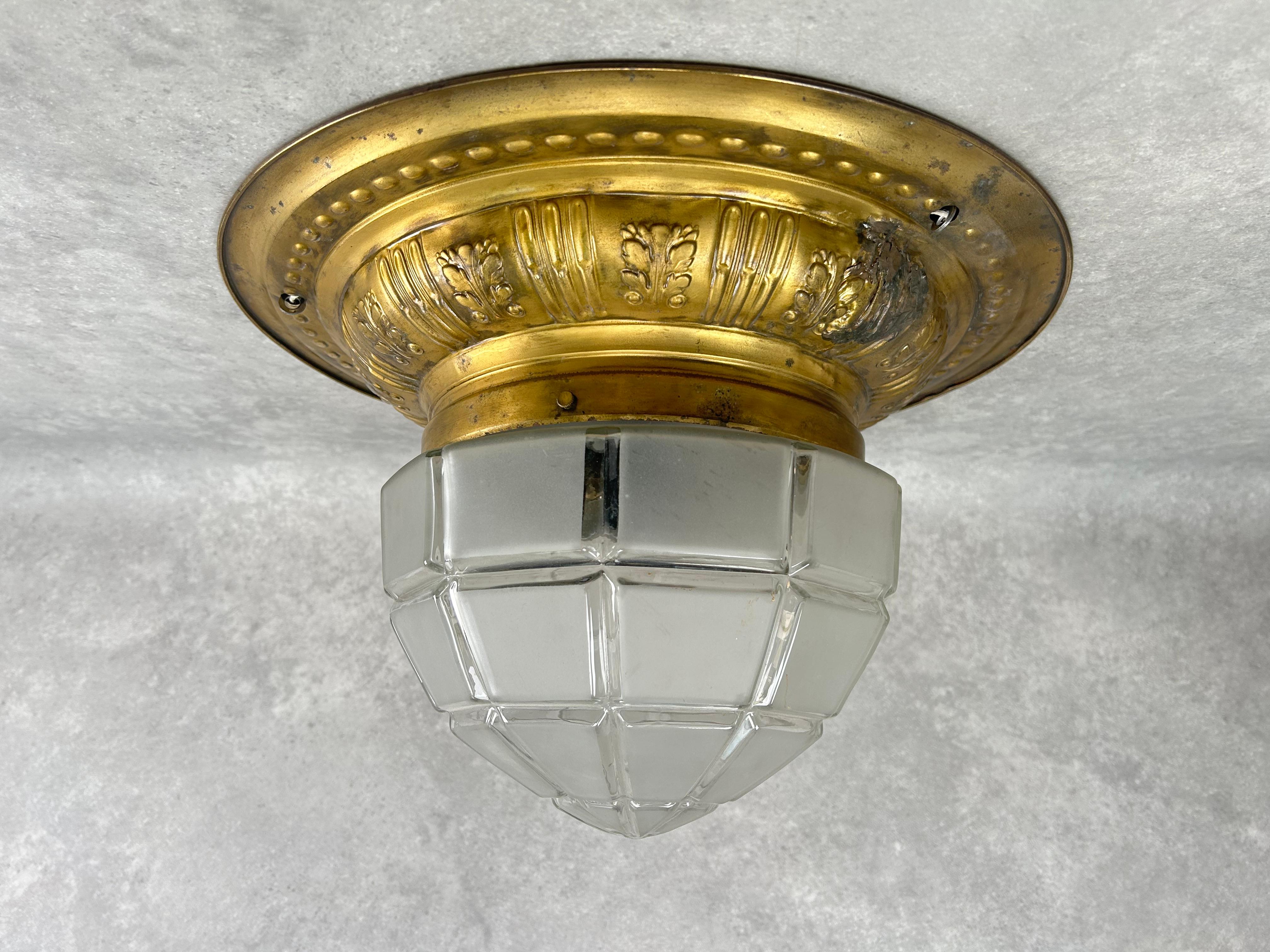 Brass jugendstil ceiling lamp with cut glass lampshade.